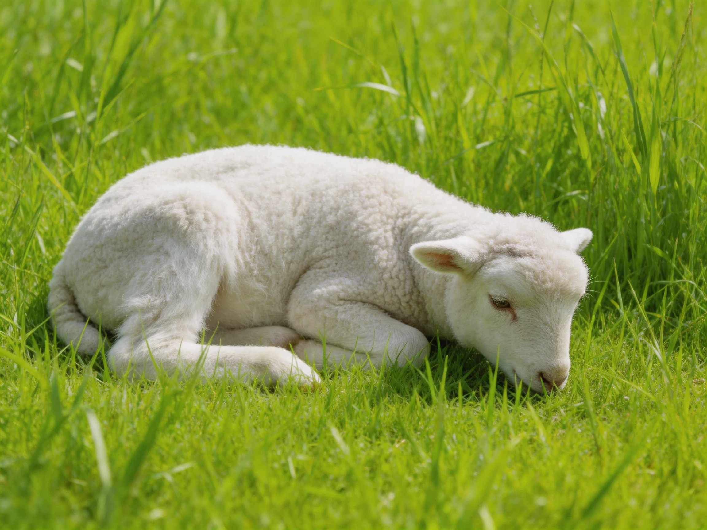 A fluffy white lamb resting in lush green grass