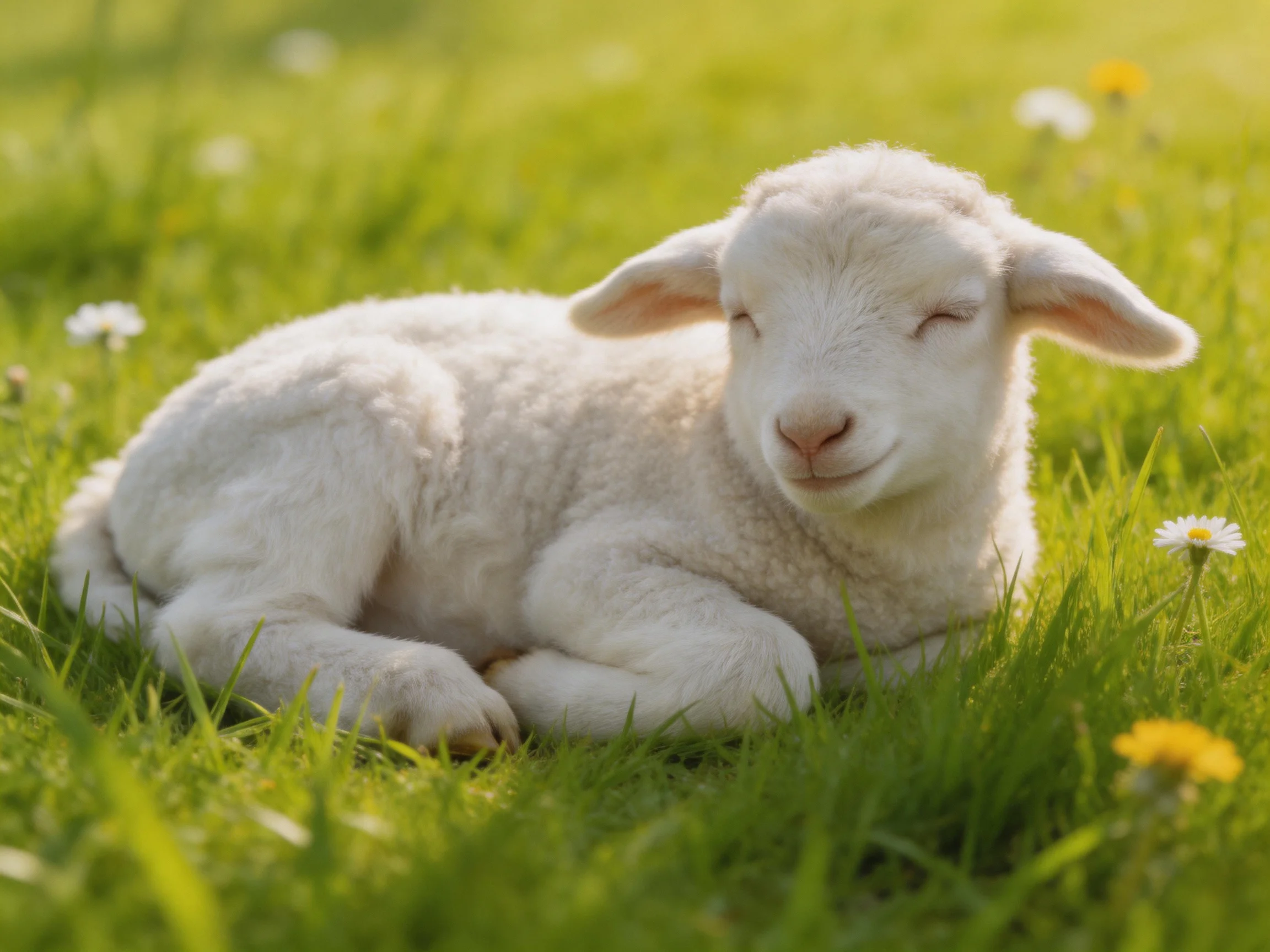 A fluffy white lamb resting in lush green grass under bright sunlight