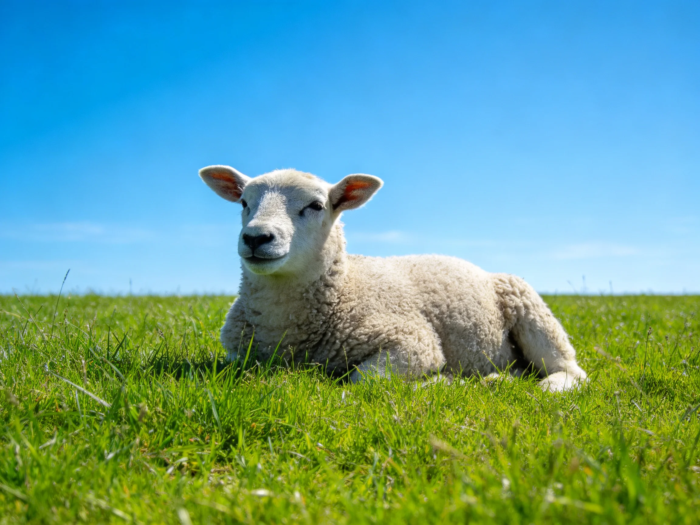 A white lamb rests in a field of green grass.