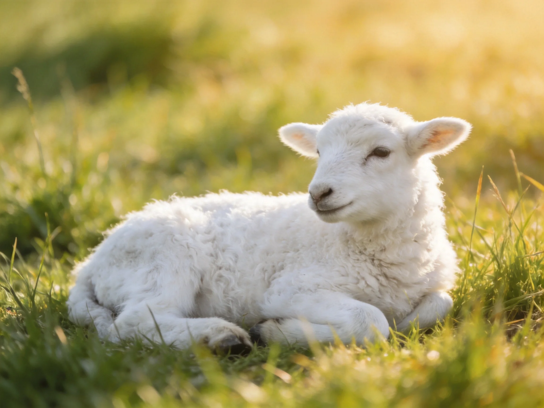A fluffy white lamb resting in sun-drenched green grass