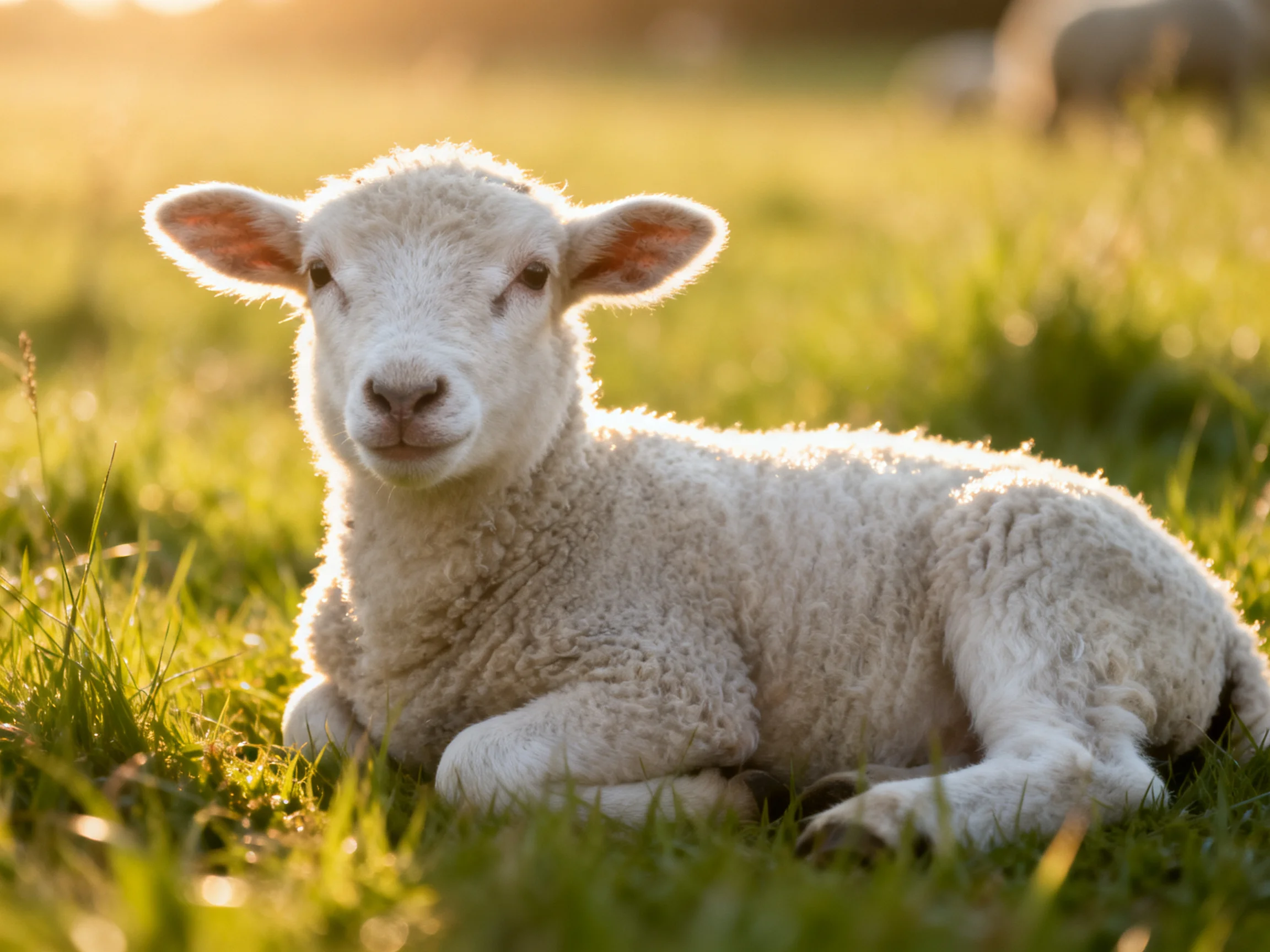 A fluffy white lamb resting in sunlit green meadow