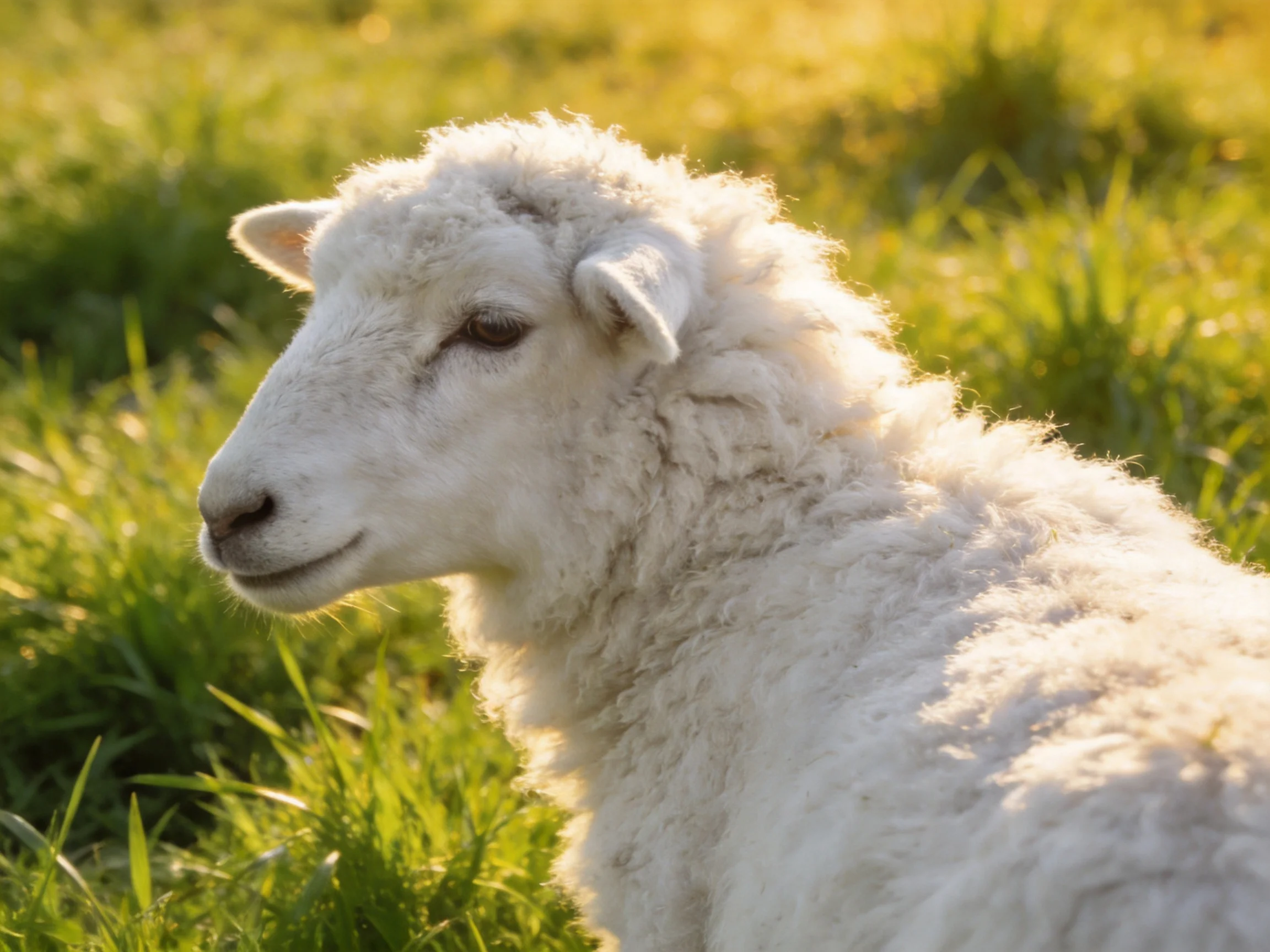 A fluffy white lamb resting in sunlit green pasture