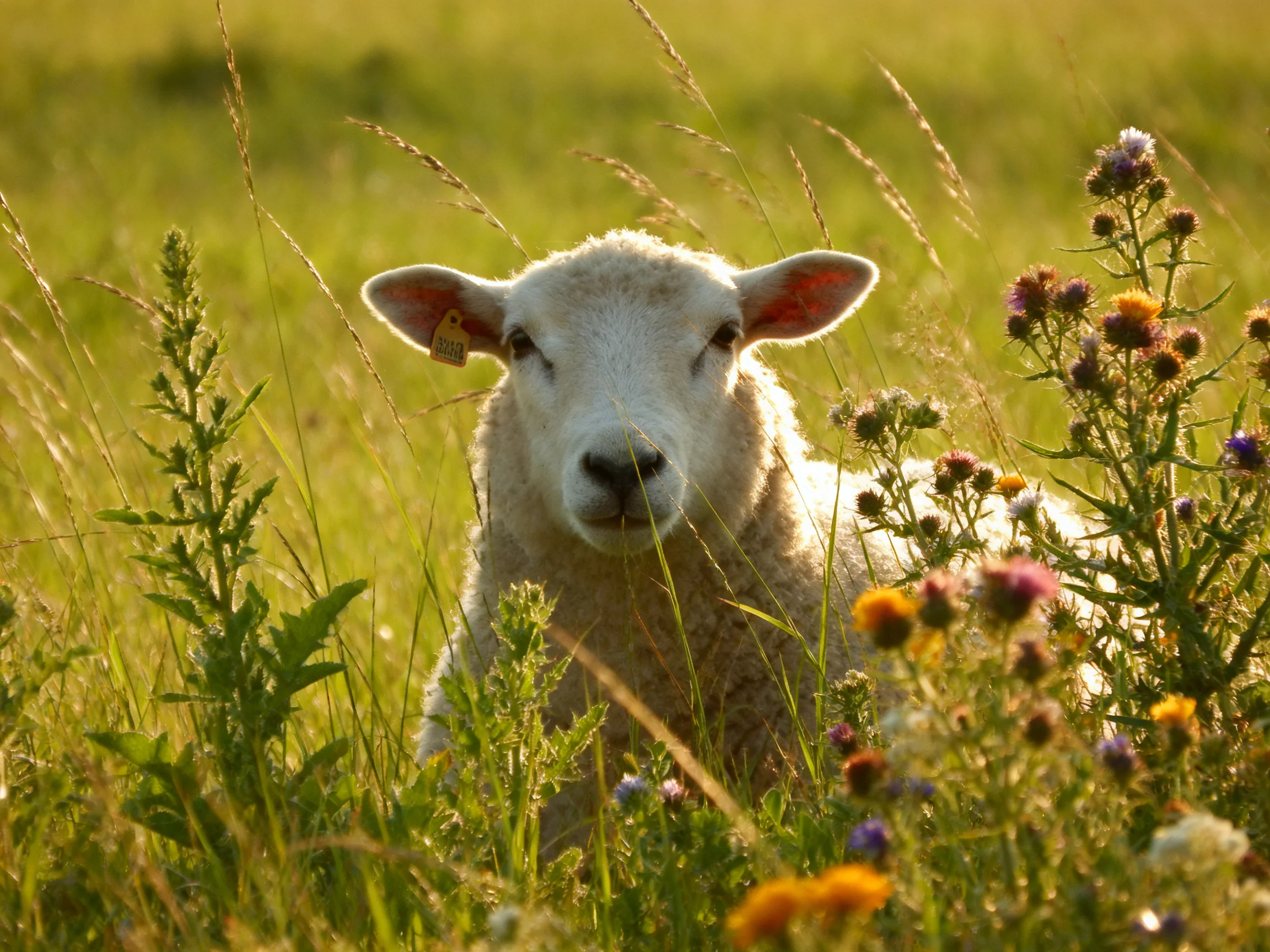 A fluffy white lamb resting in tall green grass with colorful wildflowers