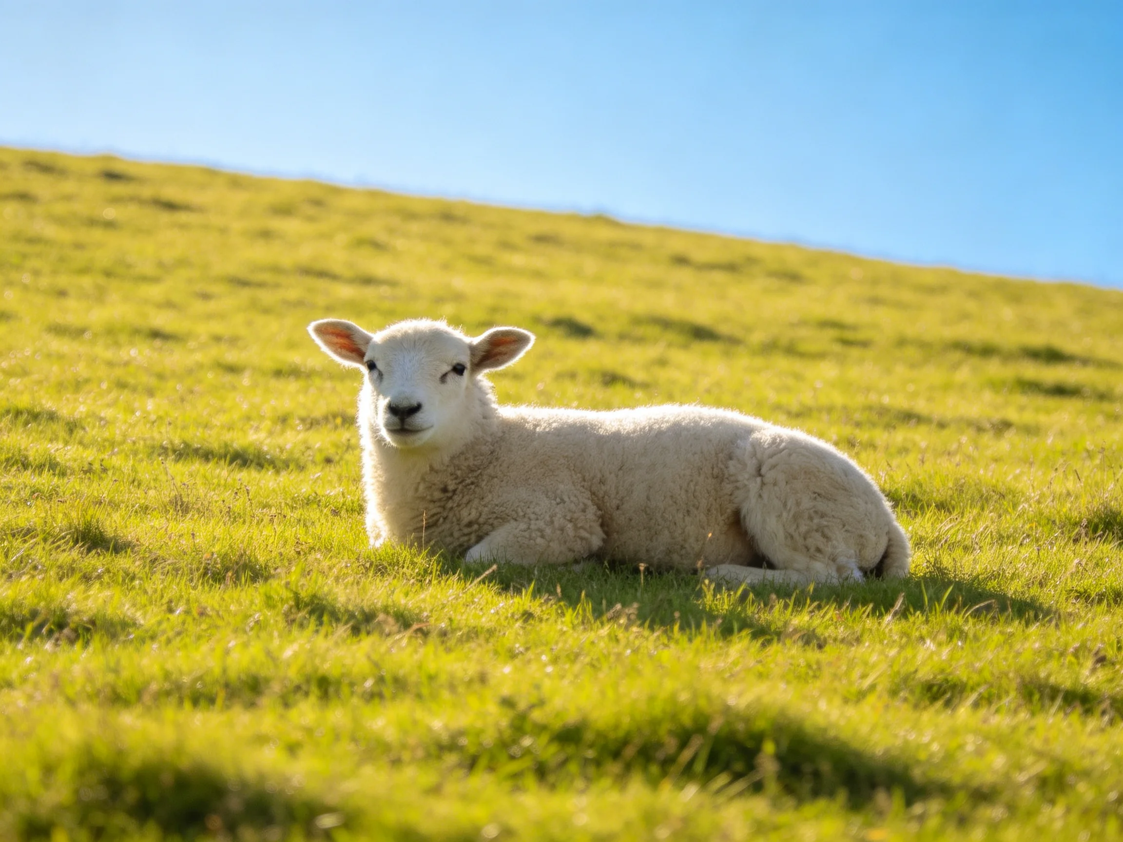 A fluffy white lamb resting on a sunlit green hillside