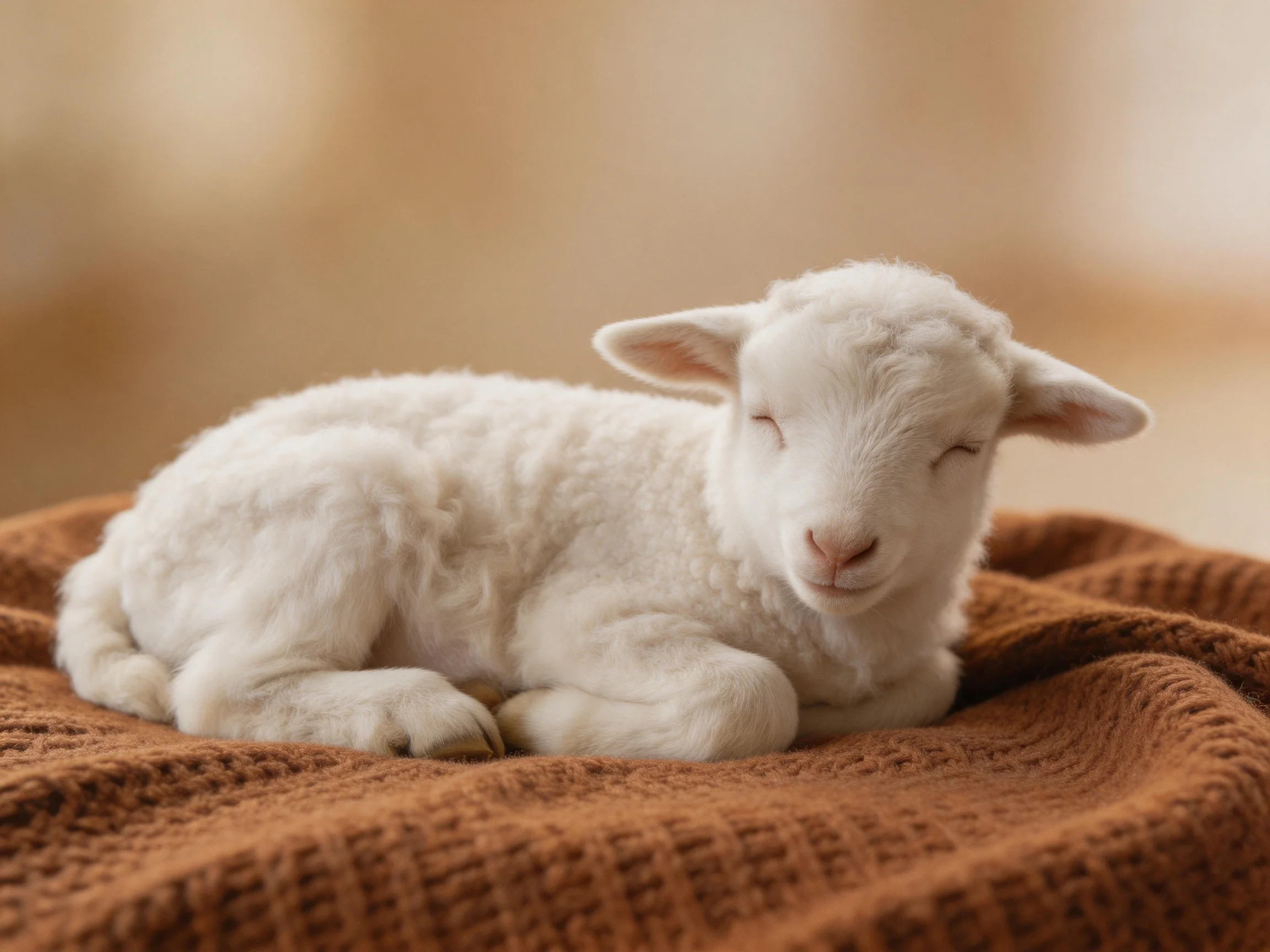 A fluffy white lamb resting on a textured brown blanket