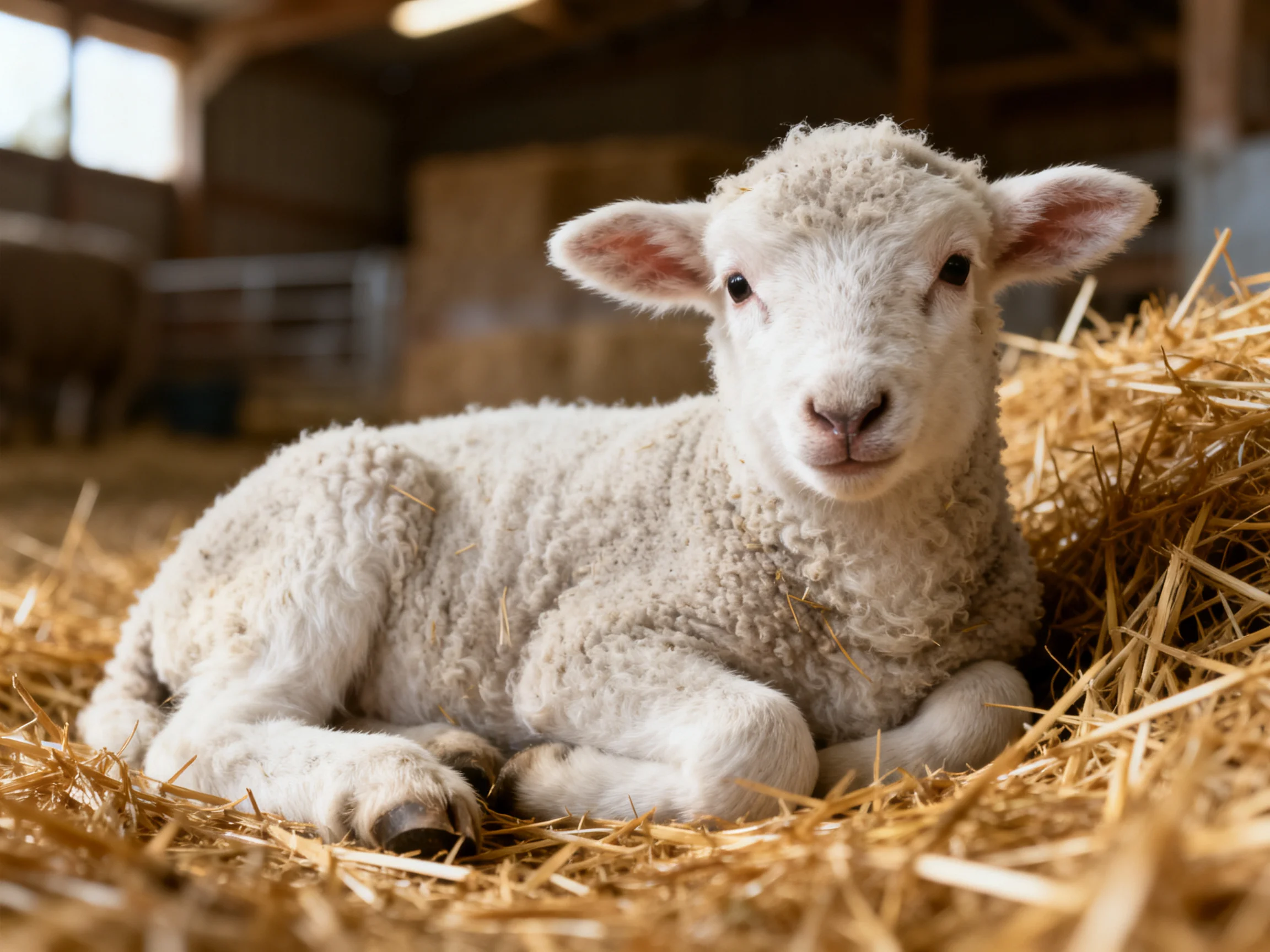 A fluffy white lamb resting on golden straw in a barn
