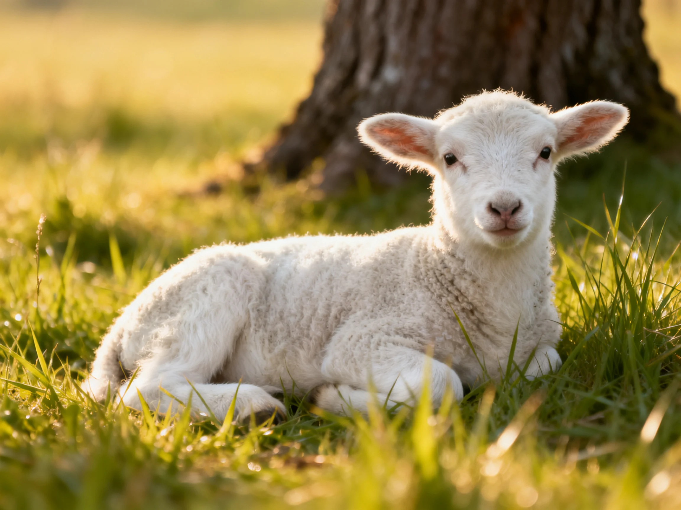 A fluffy white lamb resting on green grass by a tree trunk