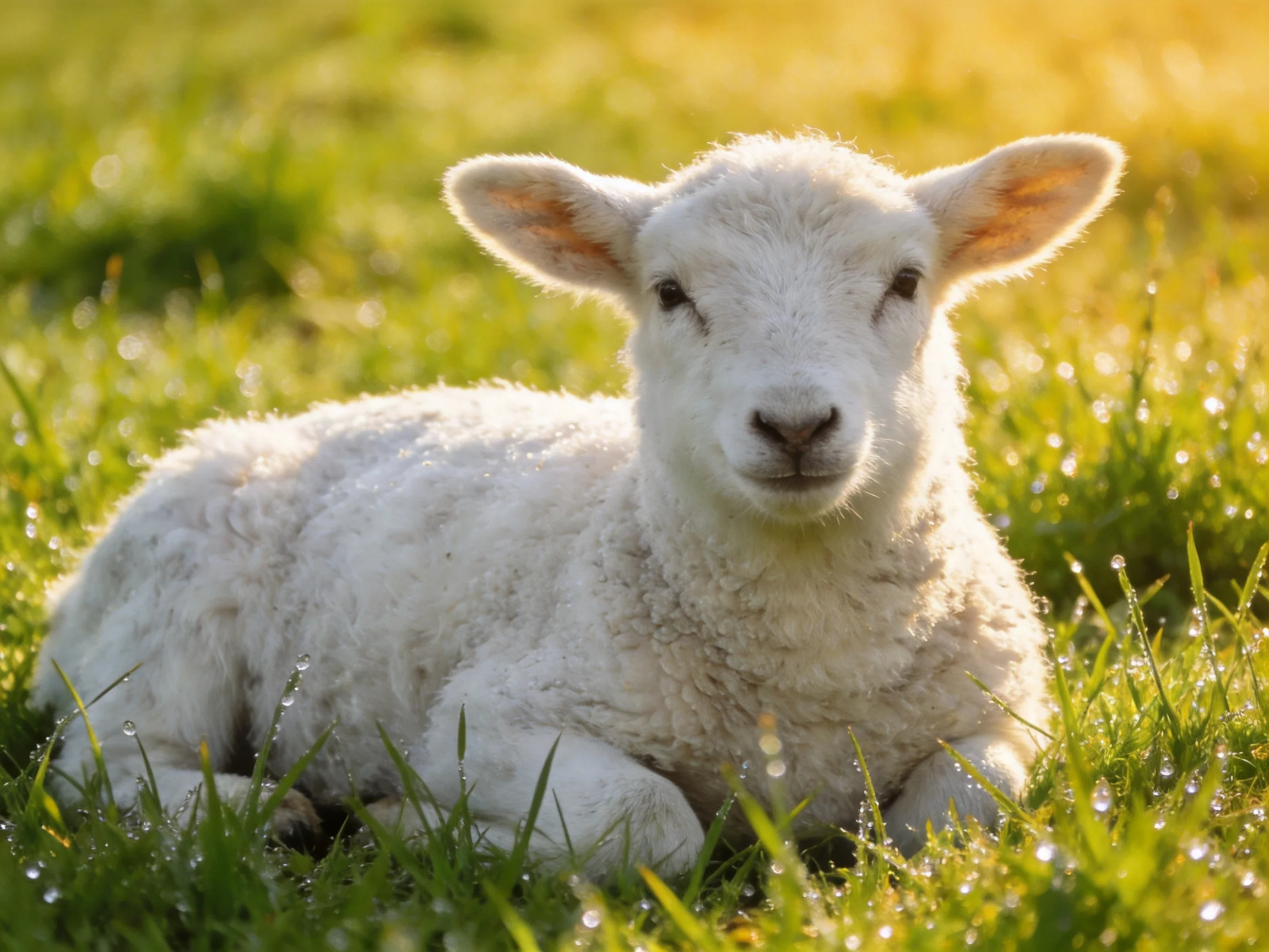 A fluffy white lamb lies calmly among dewy grass blades in a sunlit field.