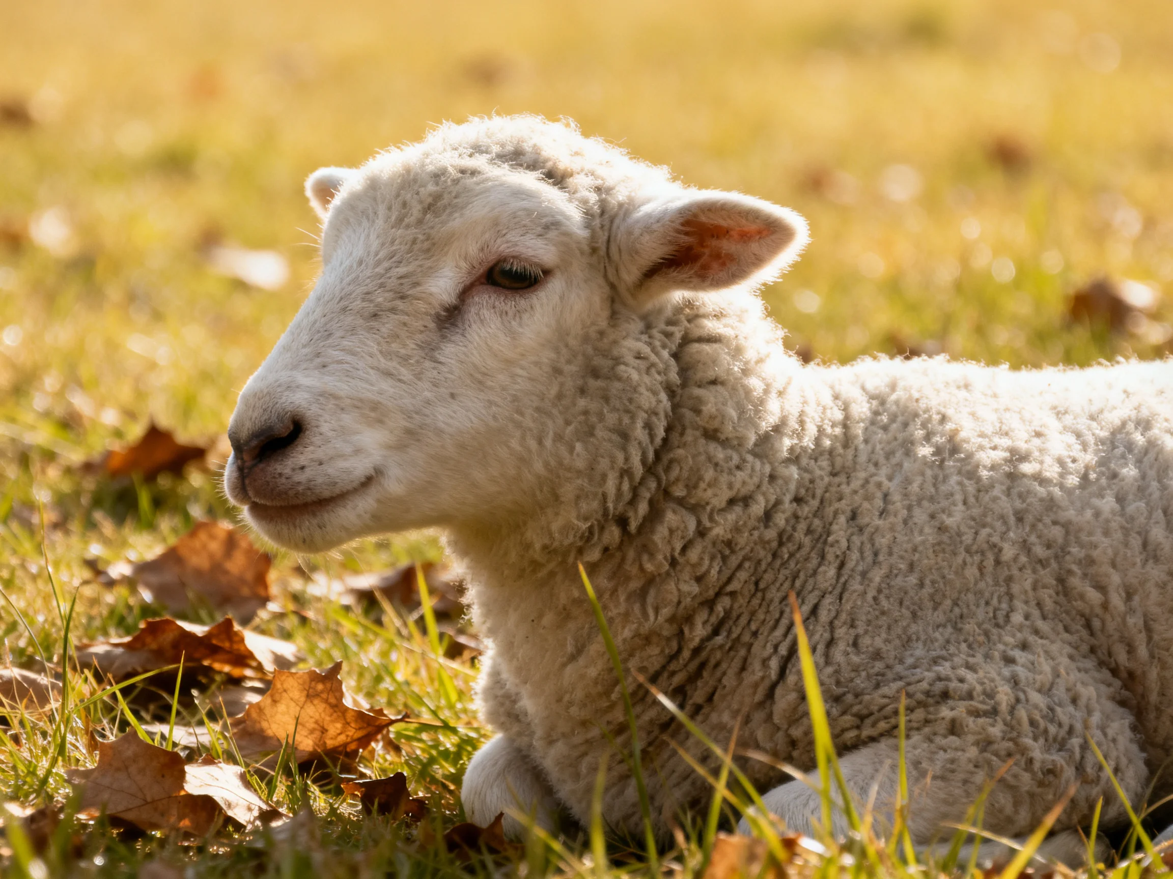 A fluffy white lamb relaxes in a sunlit field with golden grass and brown leaves.