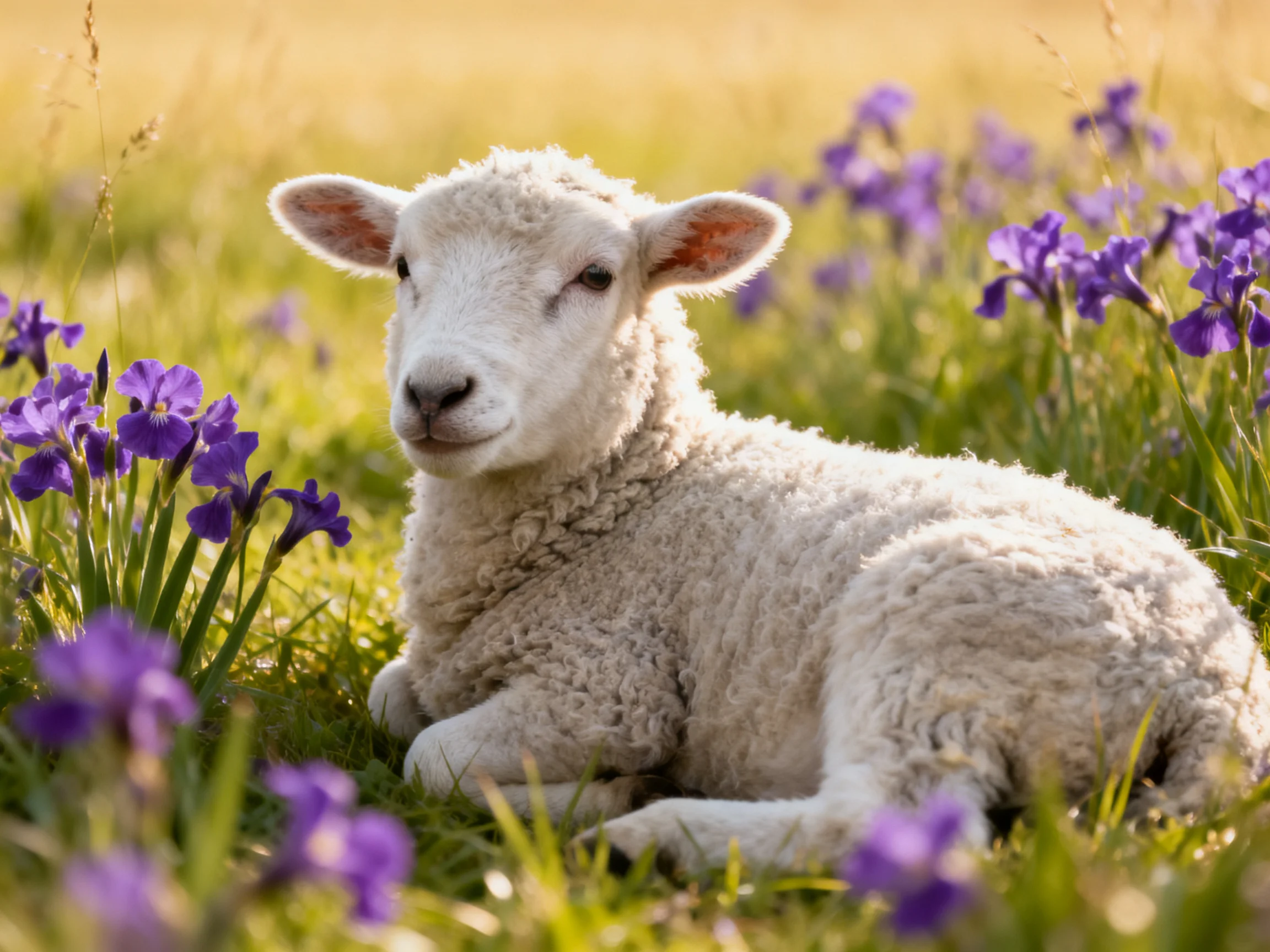 A fluffy white lamb rests among vibrant purple irises in a sunlit meadow