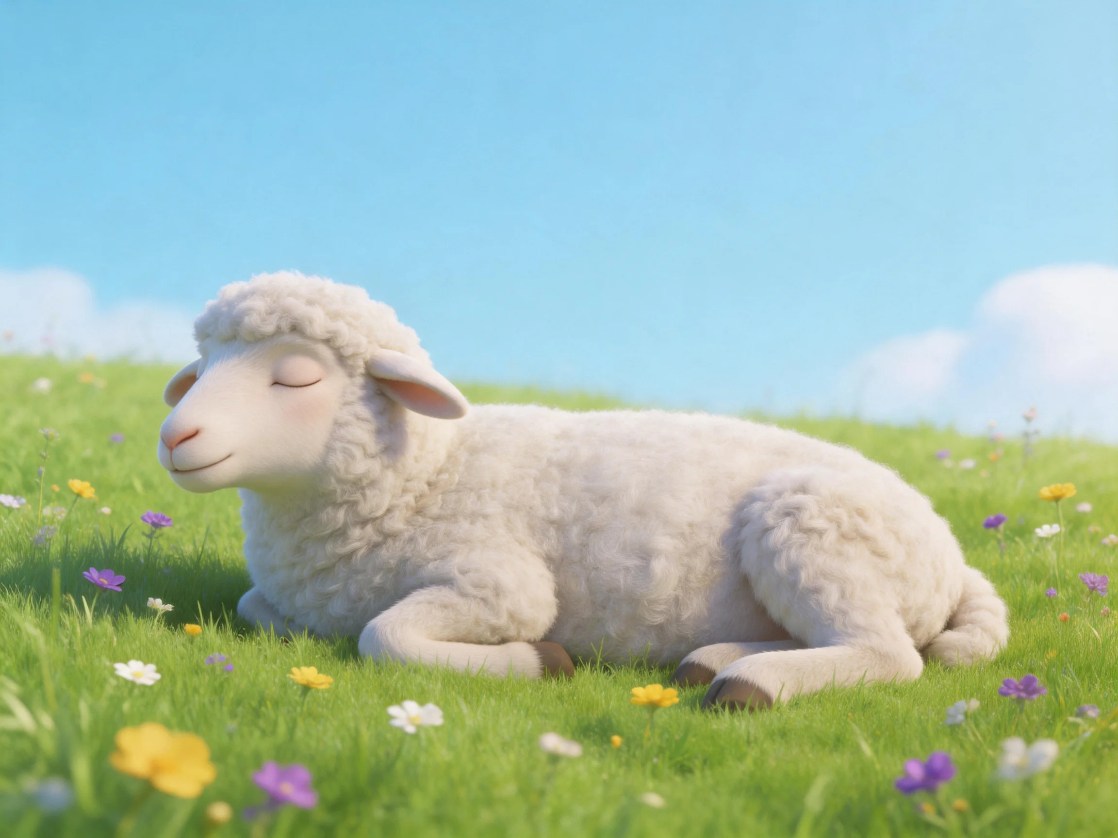 A fluffy white lamb rests among vibrant wildflowers on lush green grass