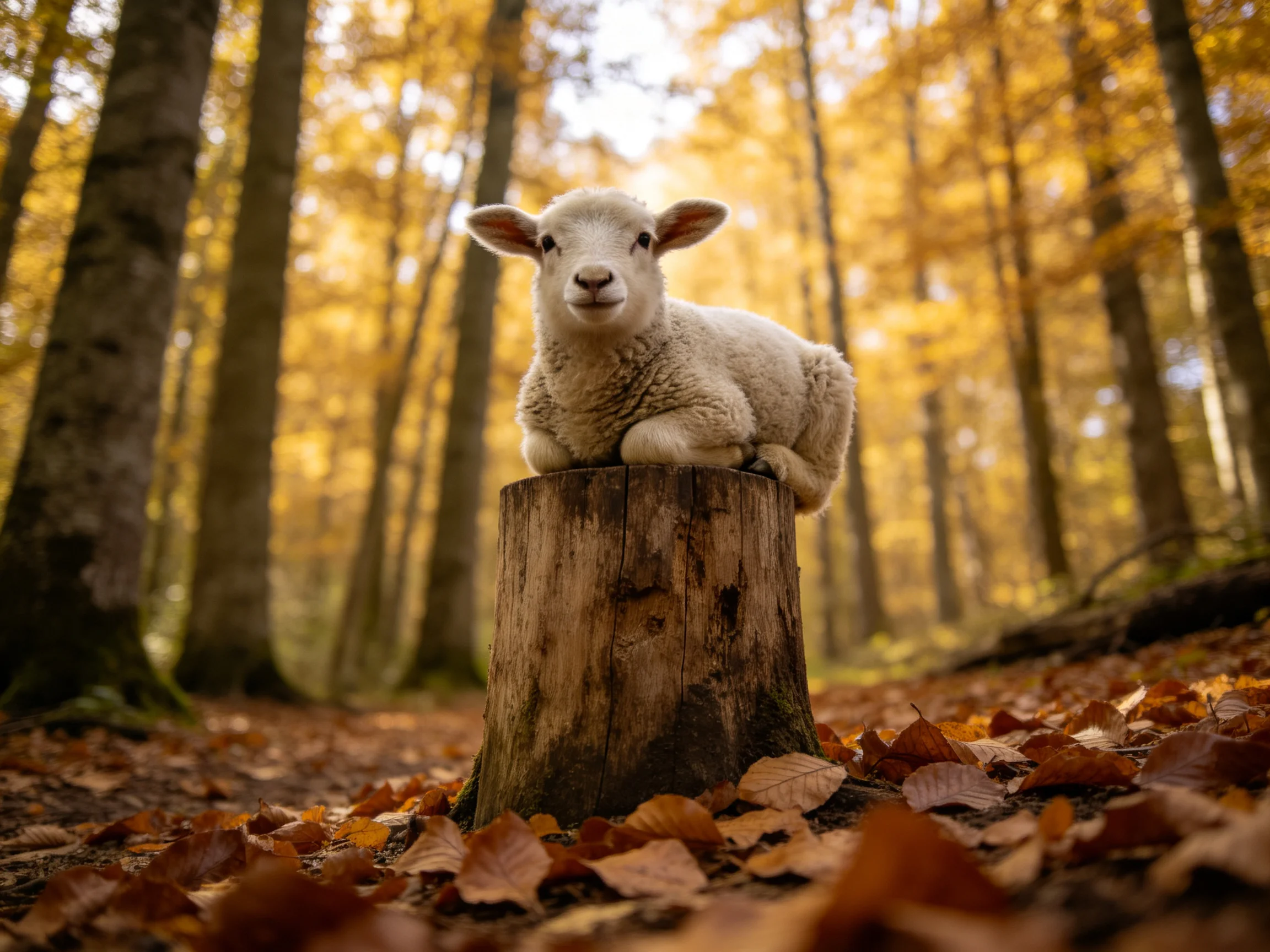 A fluffy white lamb rests atop a weathered tree stump in golden autumn woods