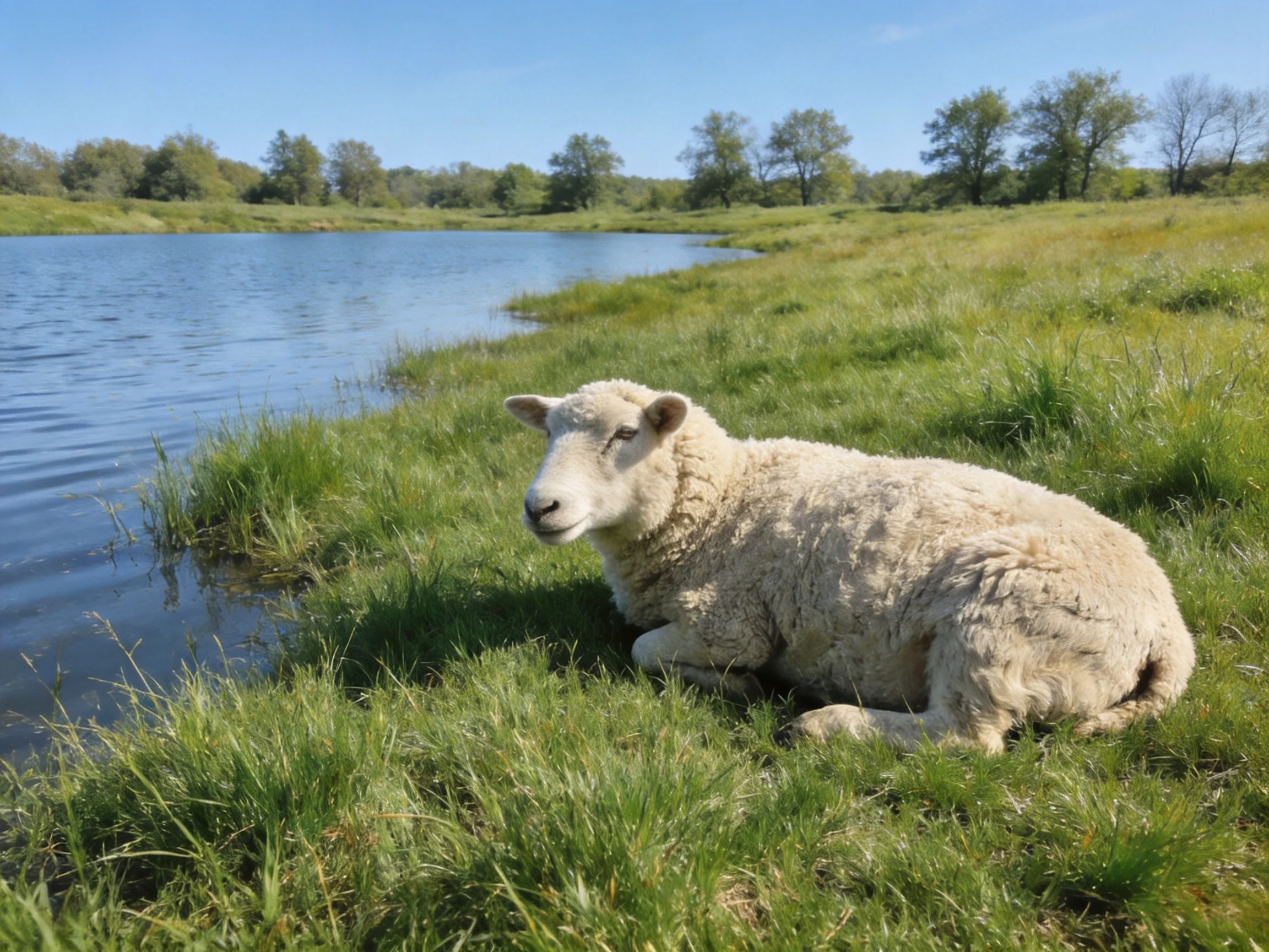 A fluffy white lamb rests by a calm blue riverside meadow