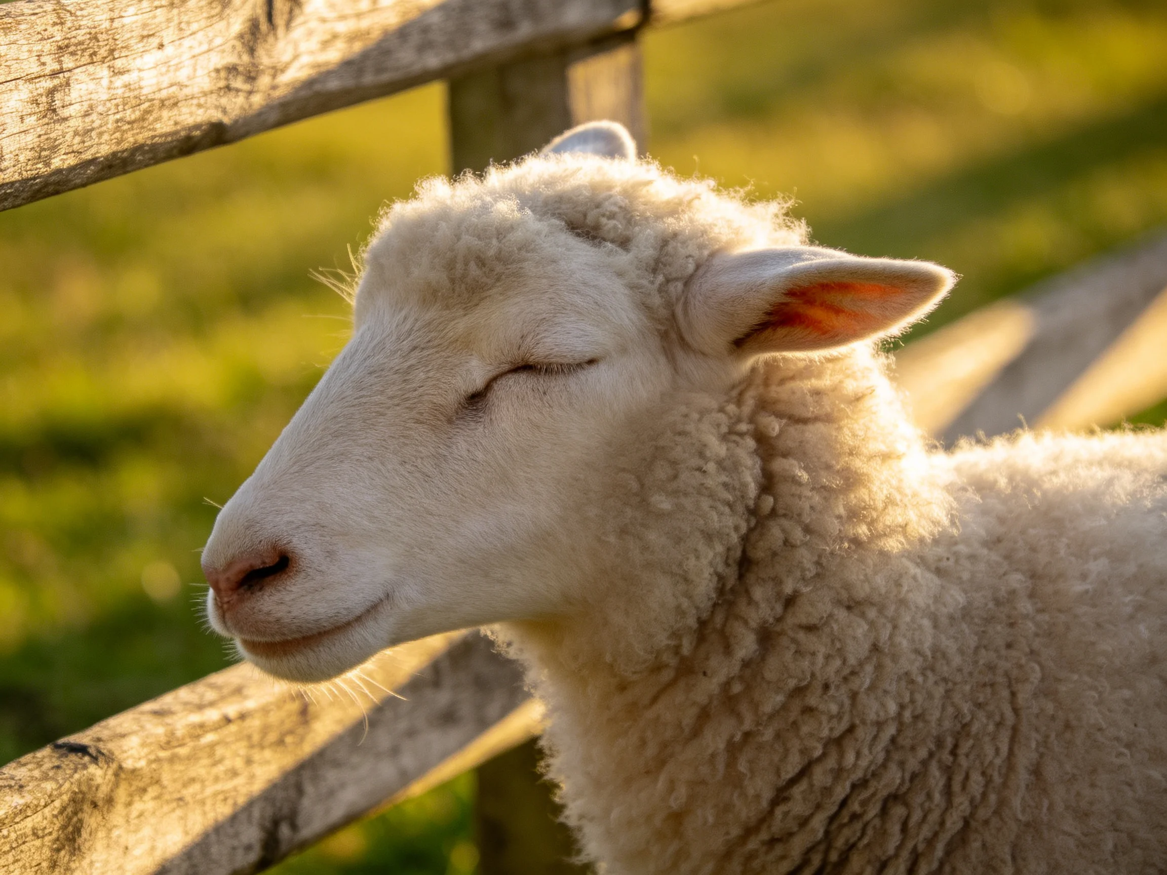 A fluffy white lamb rests by weathered fence in golden sunlight