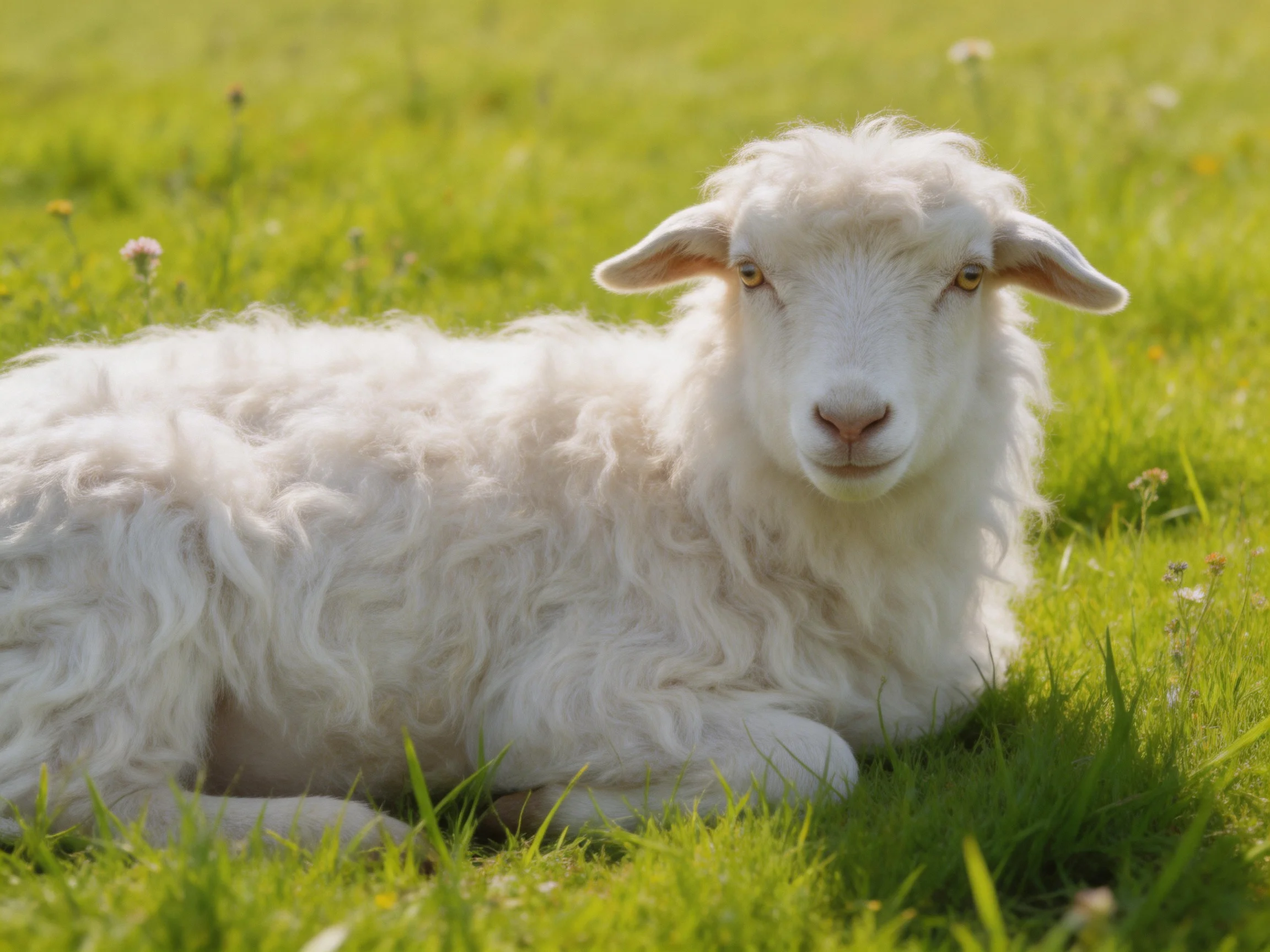A fluffy white lamb rests in a lush green meadow