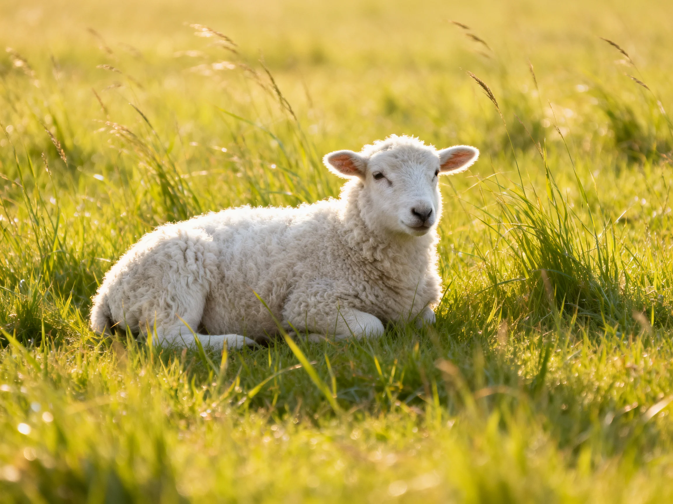 A fluffy white lamb rests in a sunlit green meadow