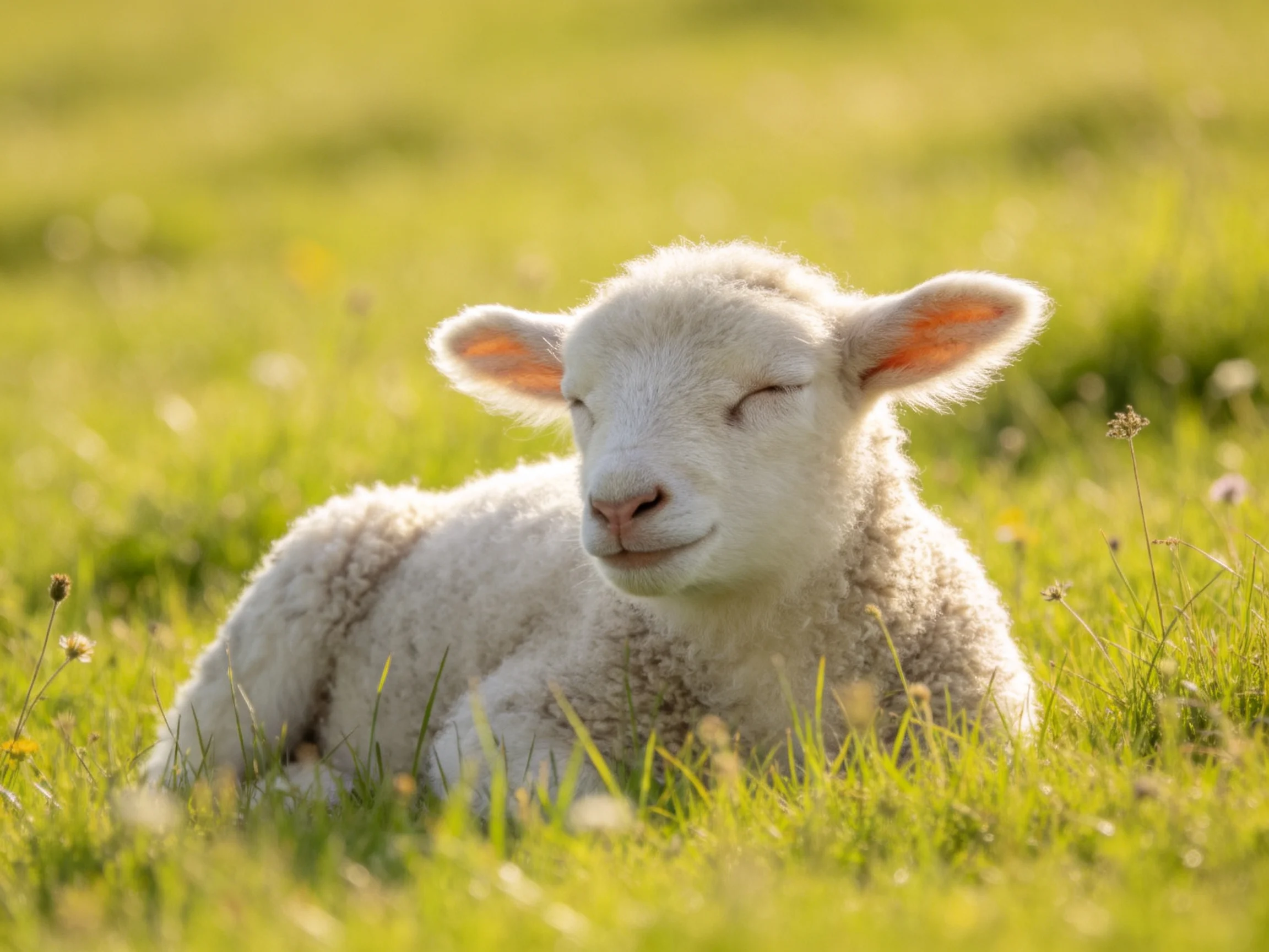 A fluffy white lamb relaxes in a sunlit green meadow.