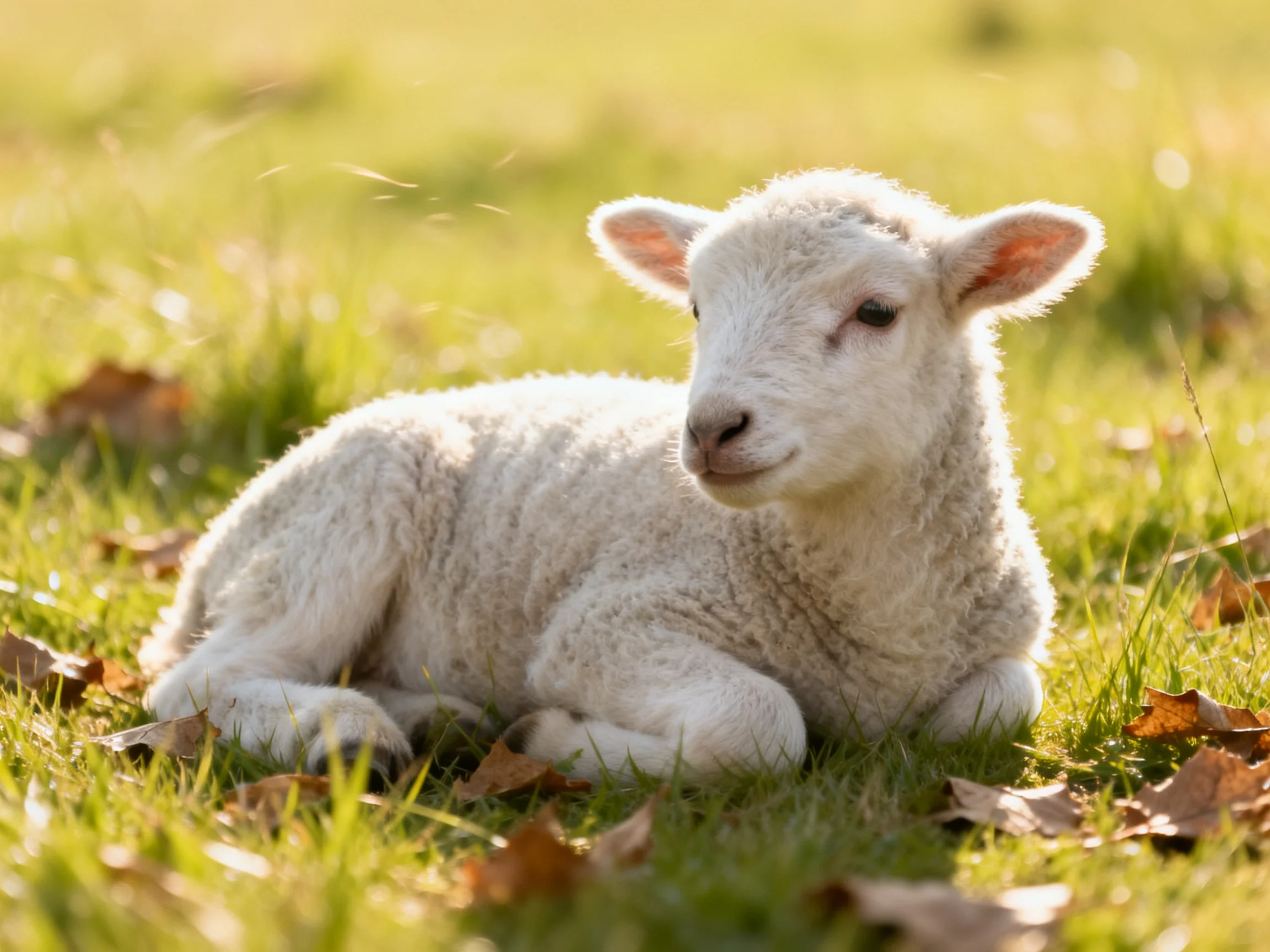 A young white lamb relaxes on a sun-drenched grassy field.