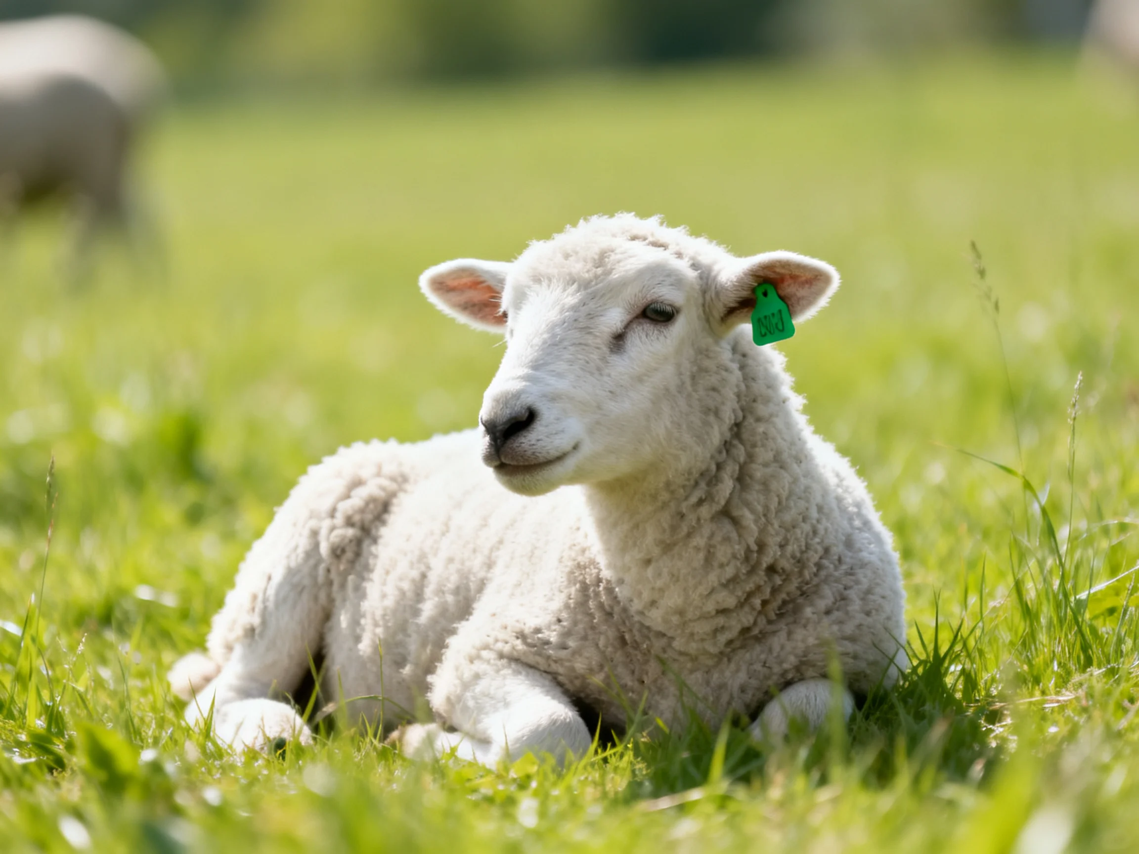A fluffy white lamb rests in a sunlit green pasture