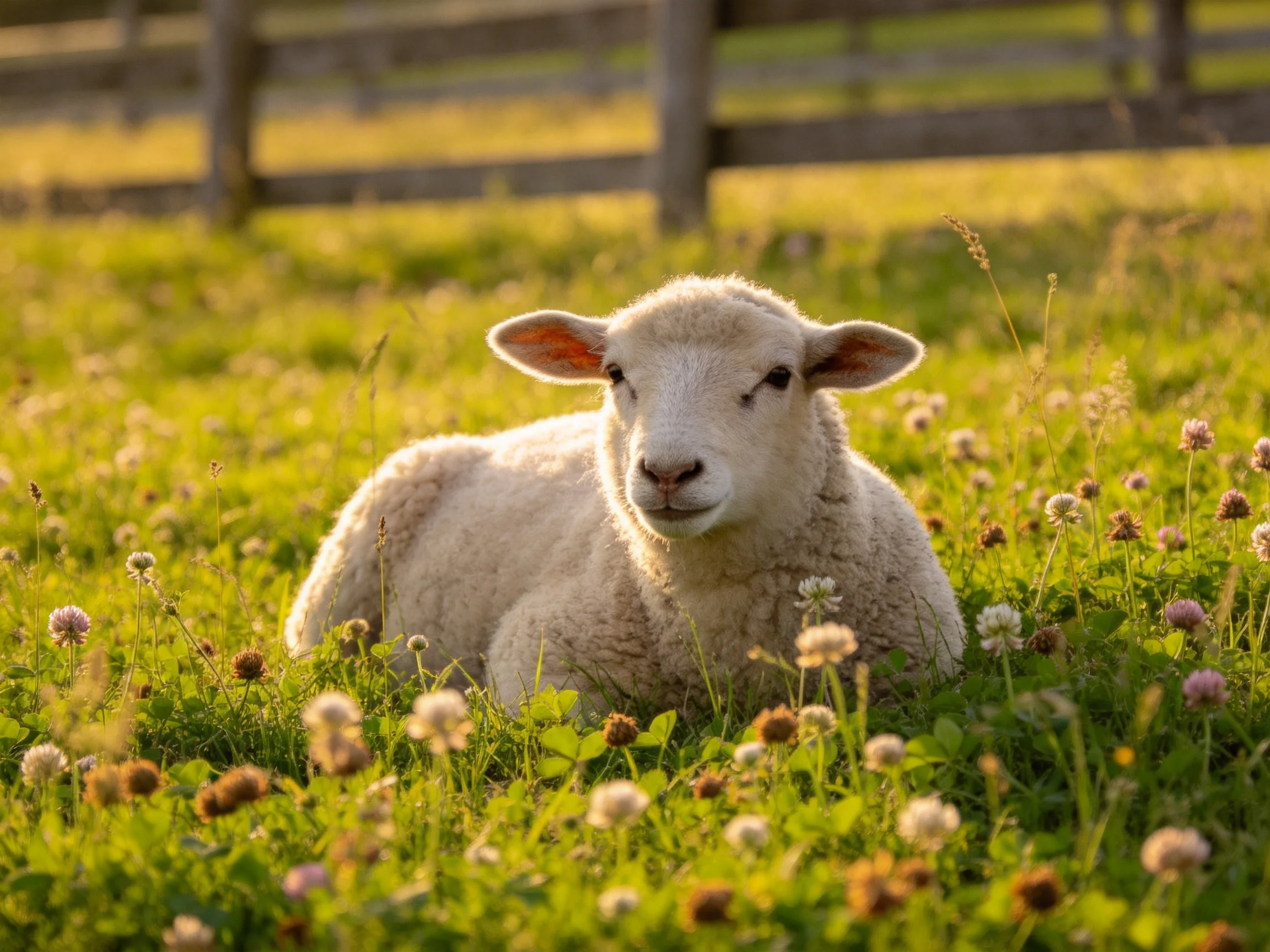 A fluffy white lamb rests in a vibrant flower-filled meadow near a wooden fence