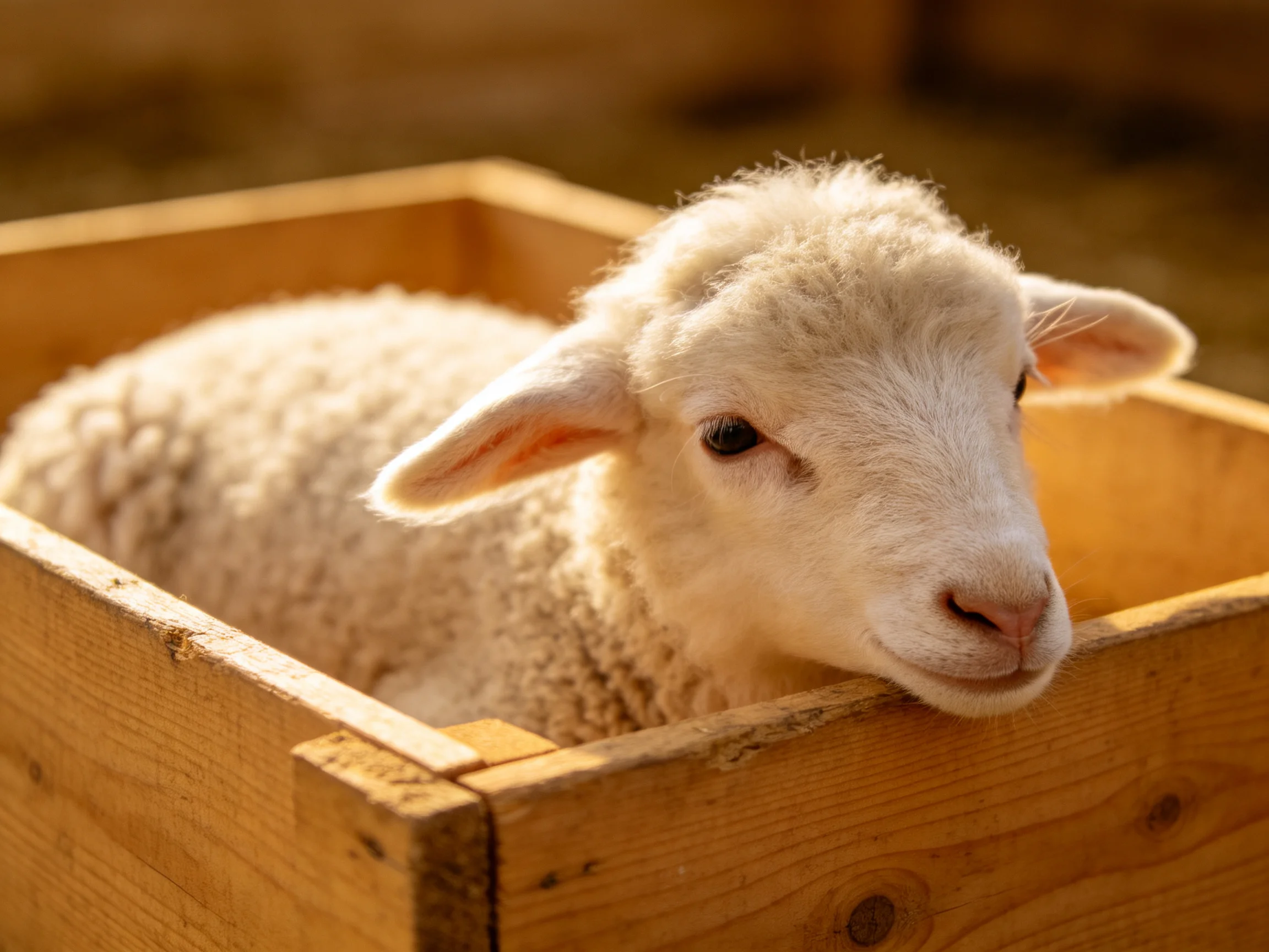 A fluffy white lamb rests in a wooden crate under warm sunlight