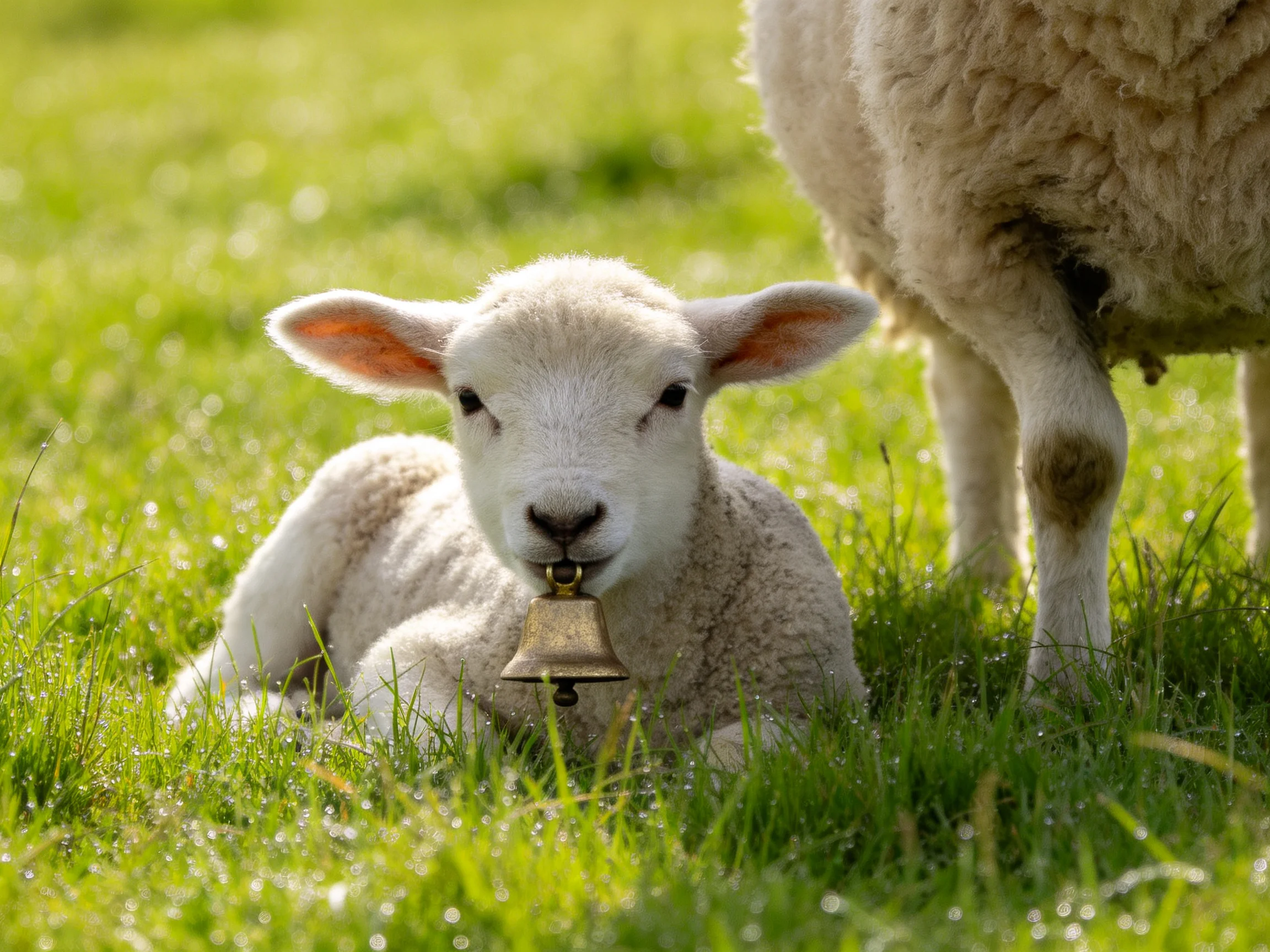 A fluffy white lamb rests in lush green grass beside an adult sheep