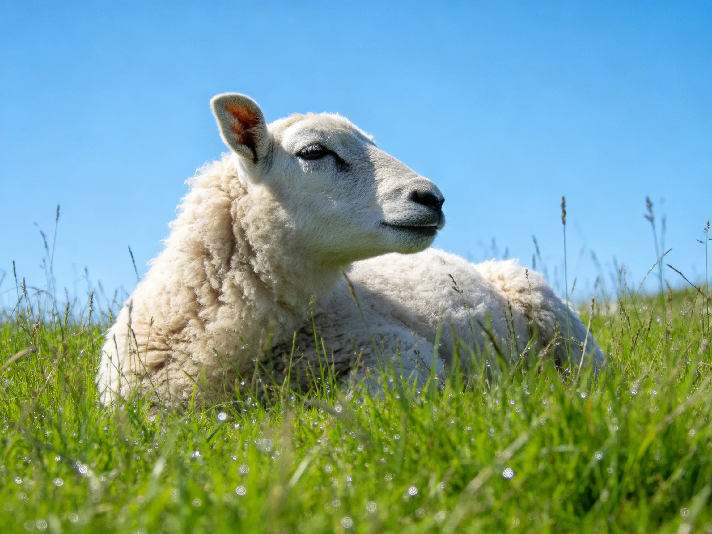 A fluffy white lamb rests in lush green grass under clear blue sky
