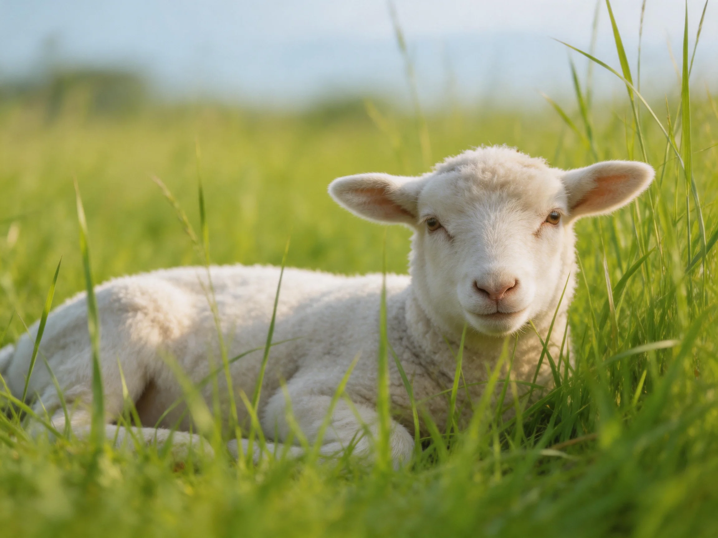 A fluffy white lamb rests in tall green meadow grass