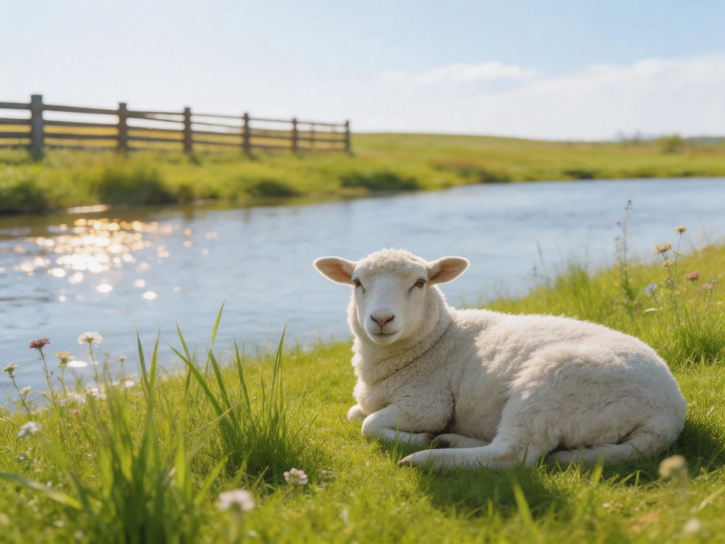 A fluffy white lamb rests near a calm blue stream with green meadow
