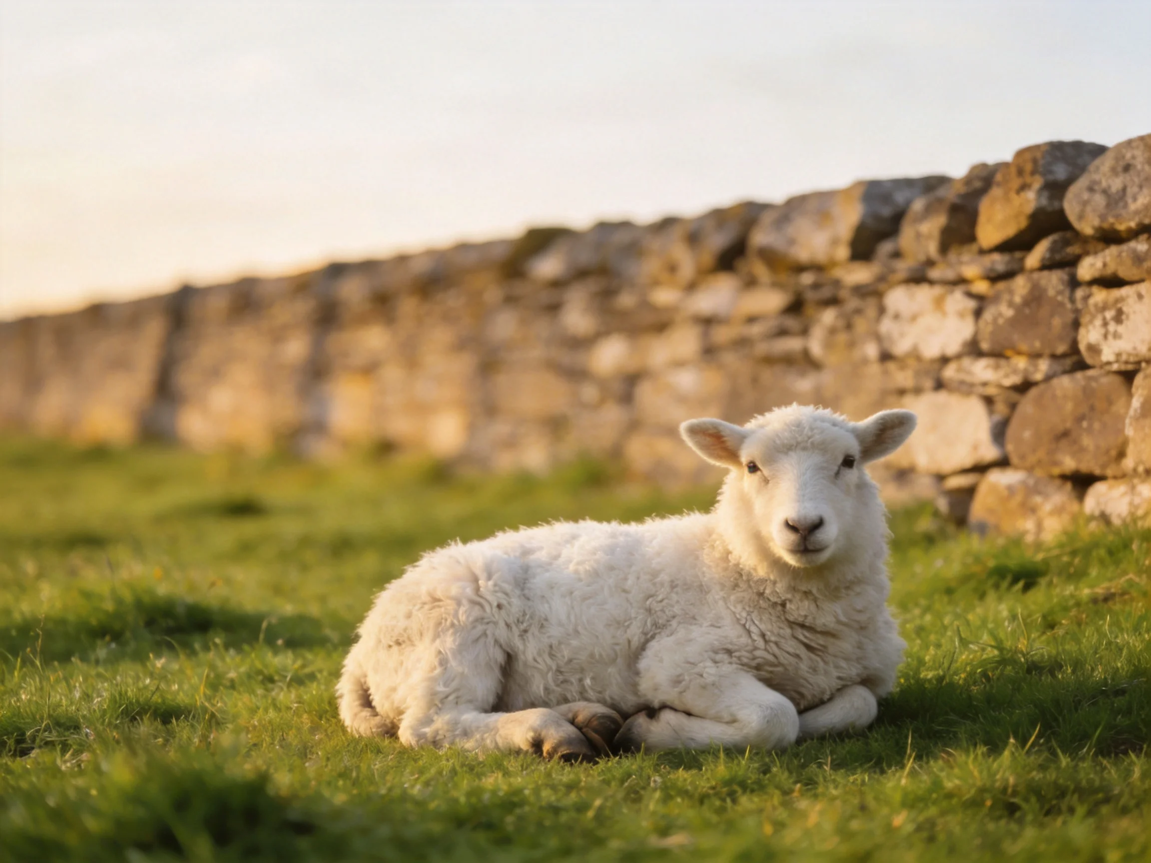 A fluffy white lamb rests near an old stone wall on lush grass
