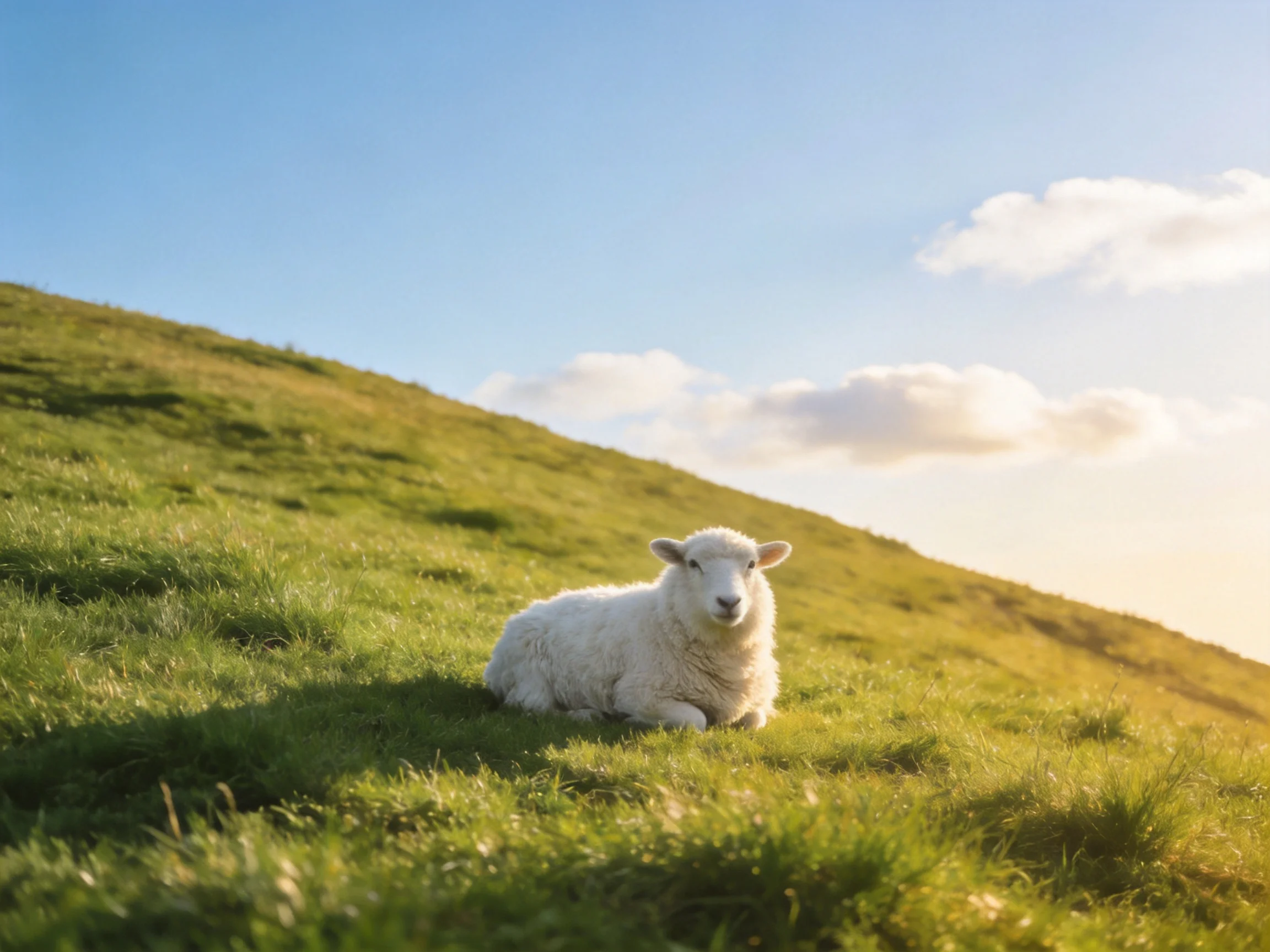 A white lamb sits calmly on a grassy hill beneath a clear blue sky.