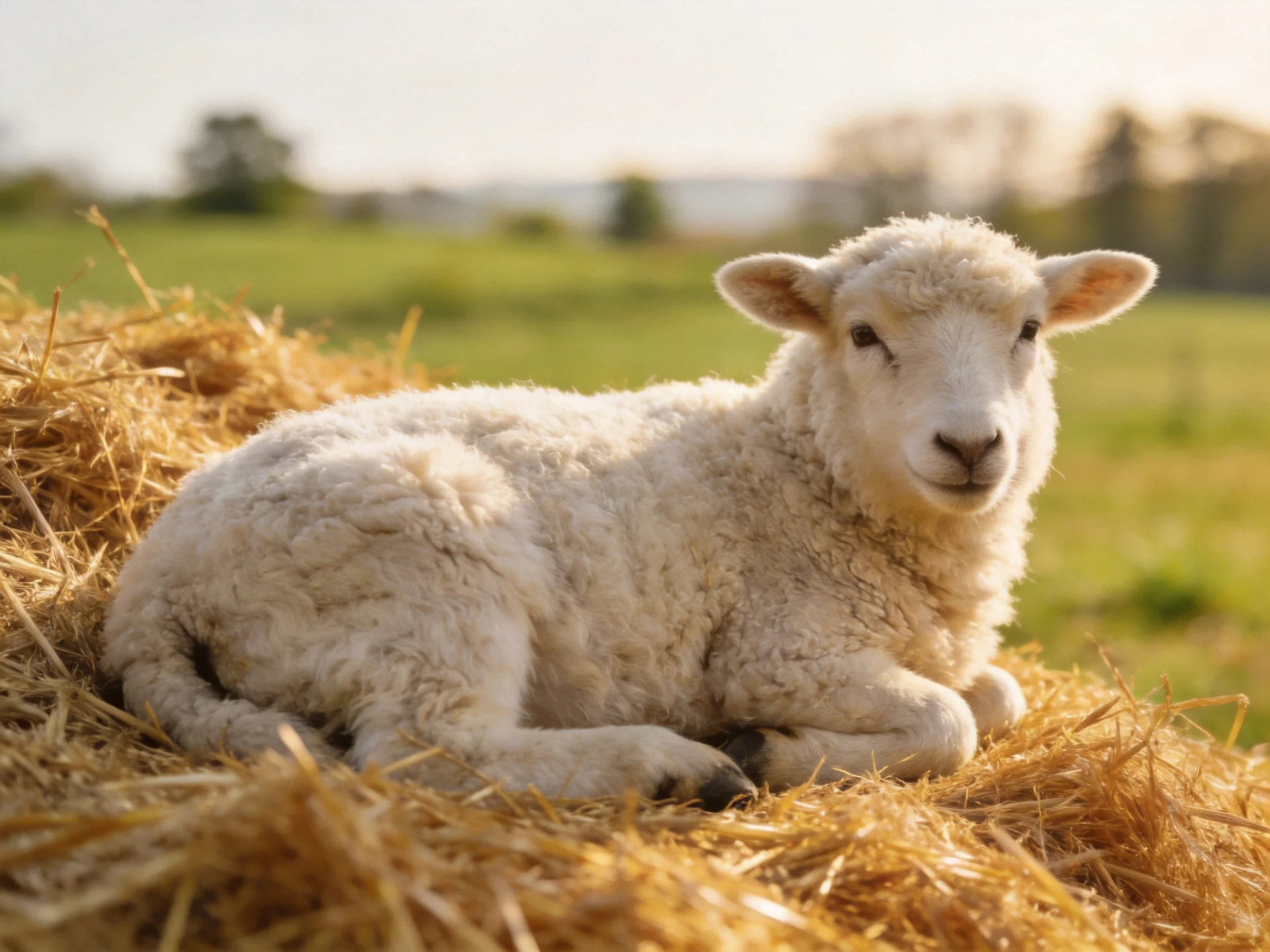 A fluffy white lamb relaxes on golden straw bales in a sunlit rural setting.