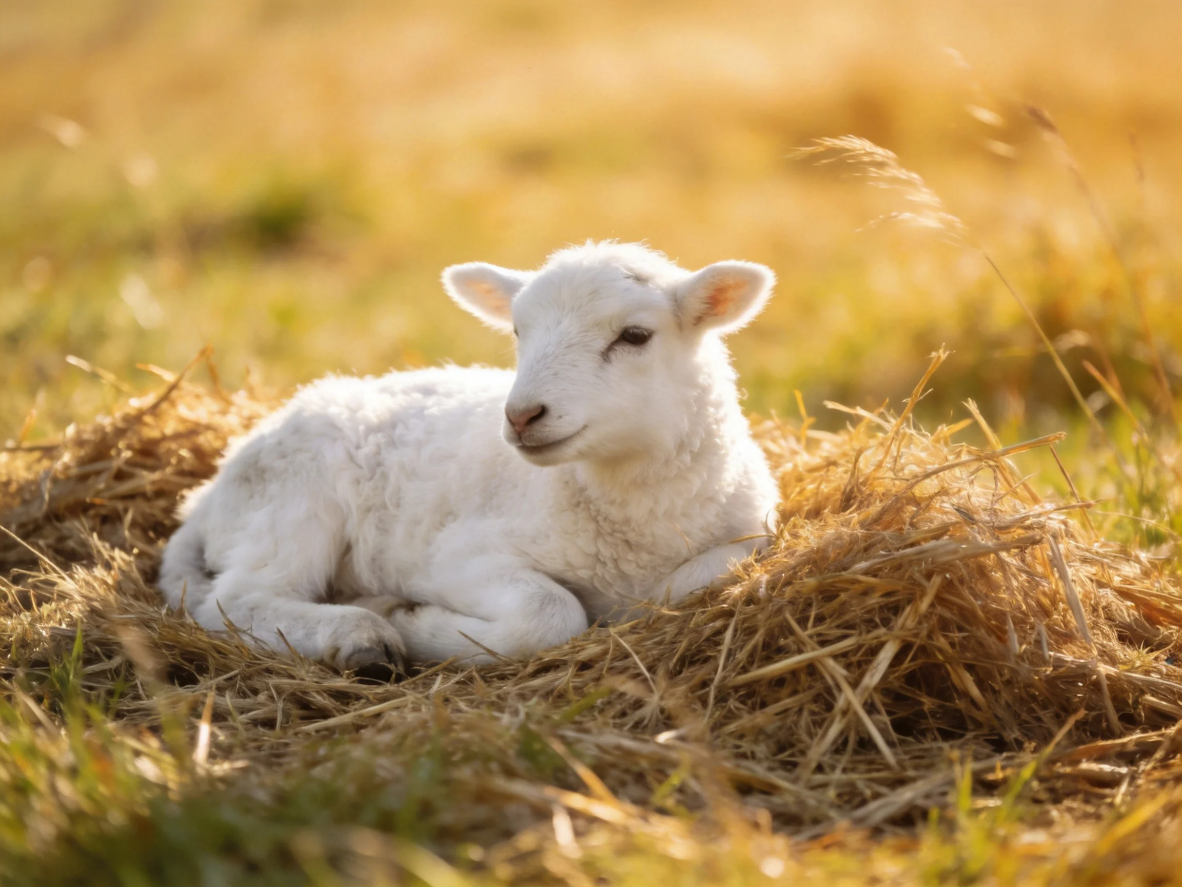 A fluffy white lamb rests on golden straw in a sun-drenched meadow
