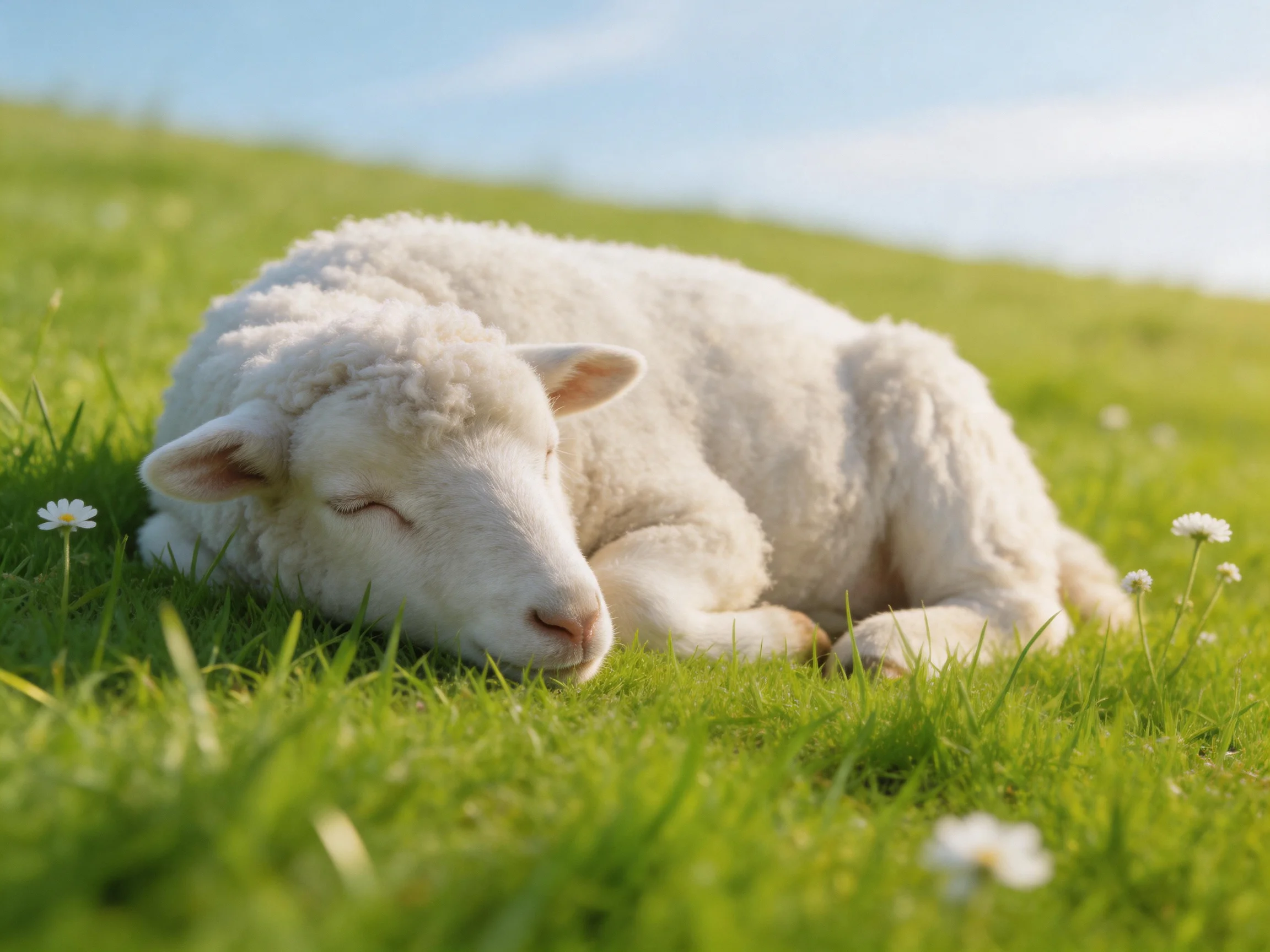 A fluffy white lamb rests on lush green grass amid scattered wildflowers under clear blue sky.