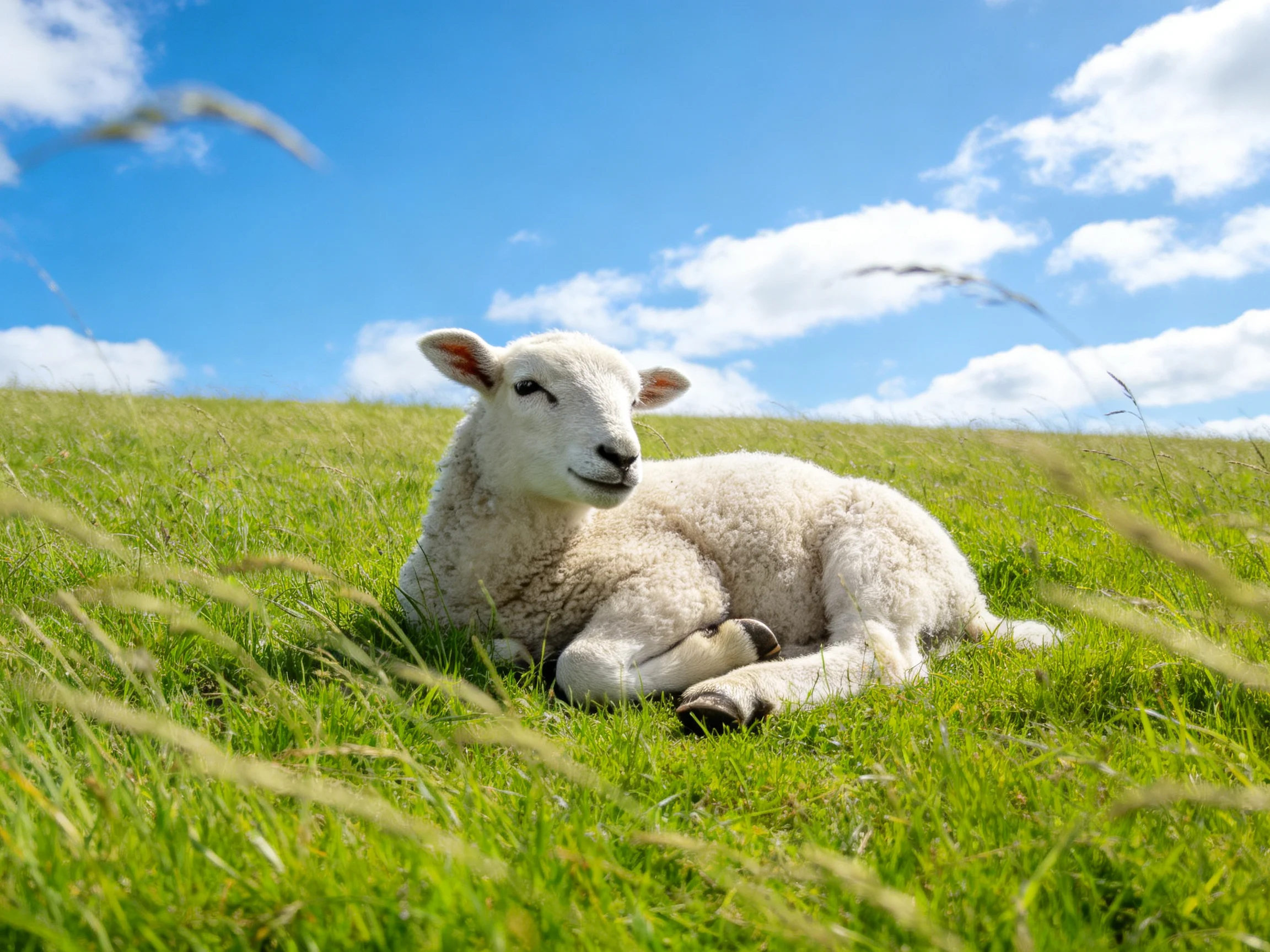 A fluffy white lamb rests on lush green grass beneath bright blue sky