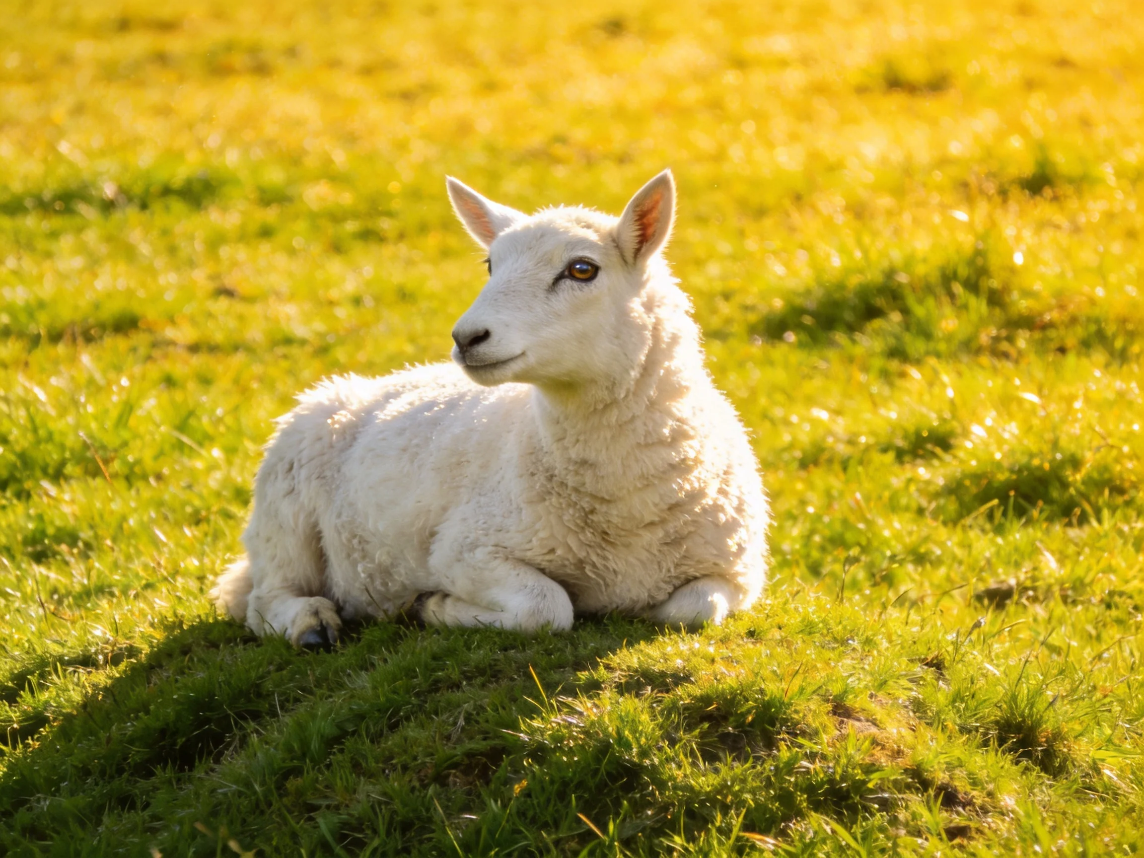 A fluffy white lamb rests on lush green grass in golden sunlight.