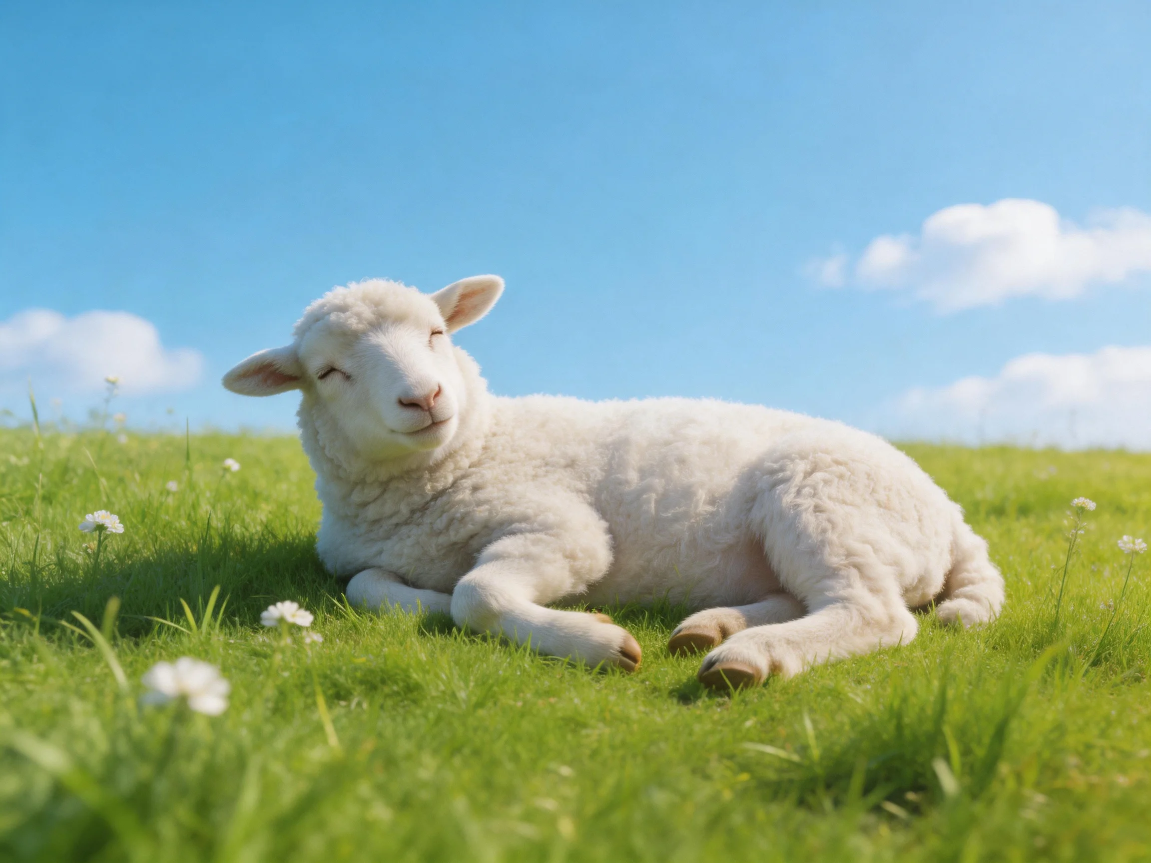 A white lamb relaxes peacefully on green grass amid a sunny landscape.