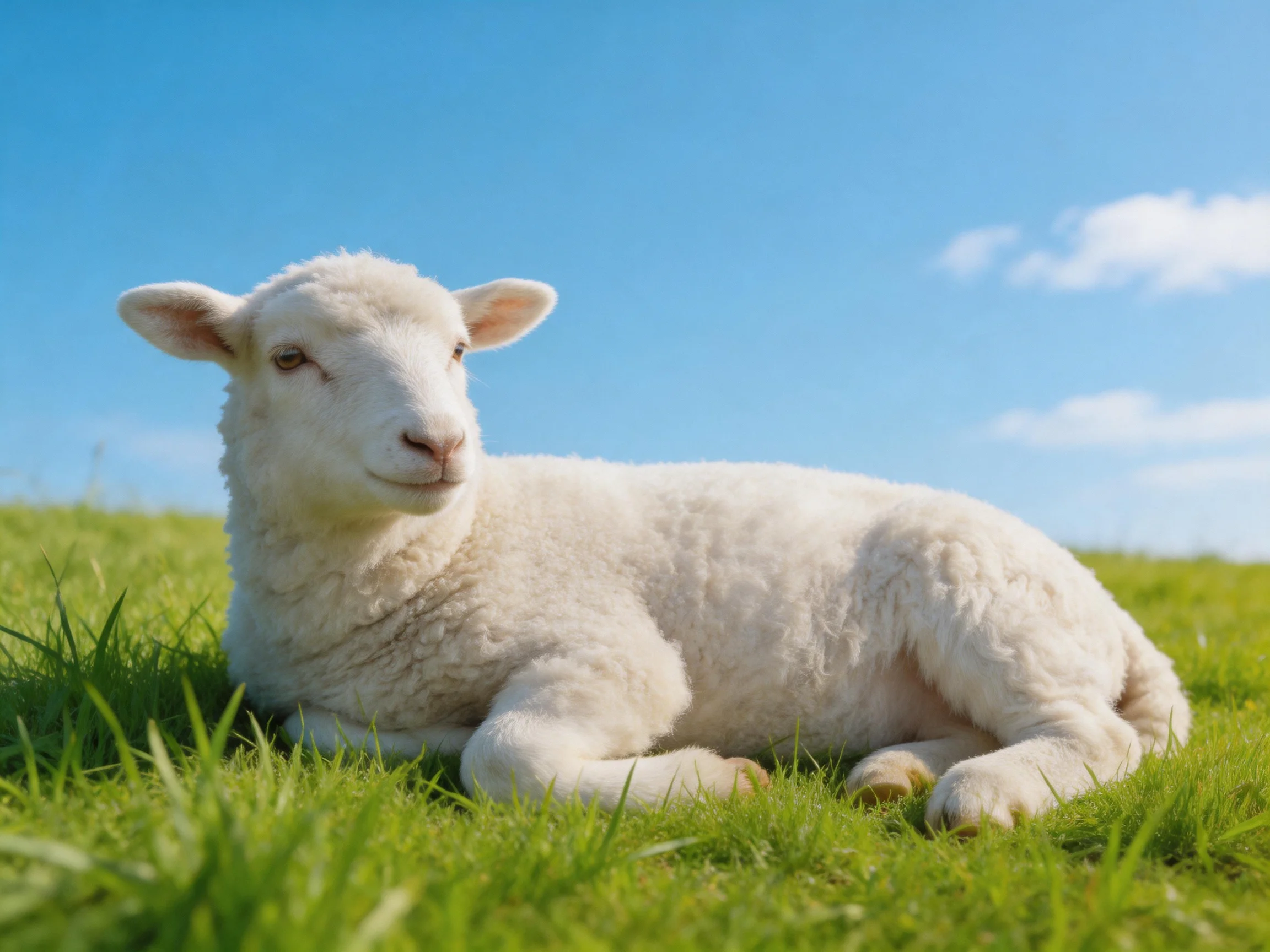 A white lamb lies peacefully on green grass with a clear blue sky overhead.