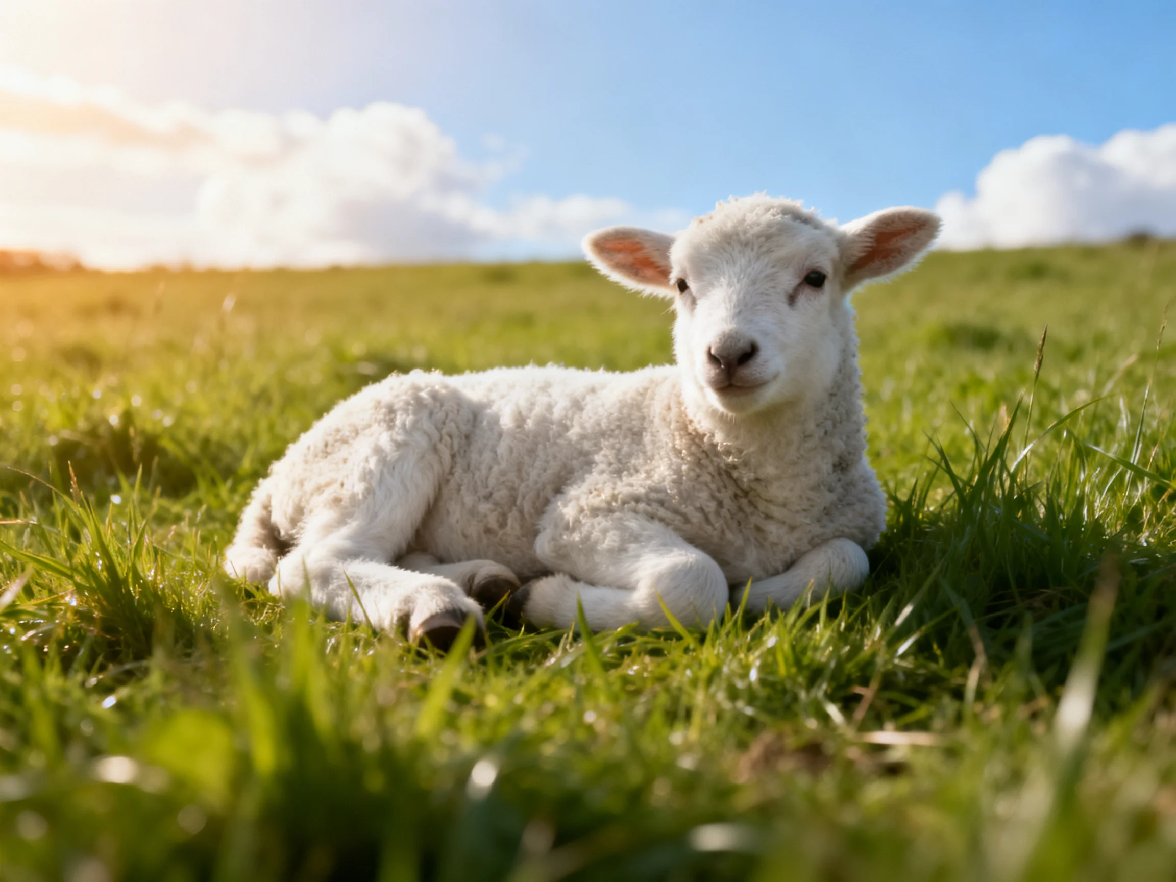 A white lamb lies peacefully on vibrant green grass in a sunlit field.