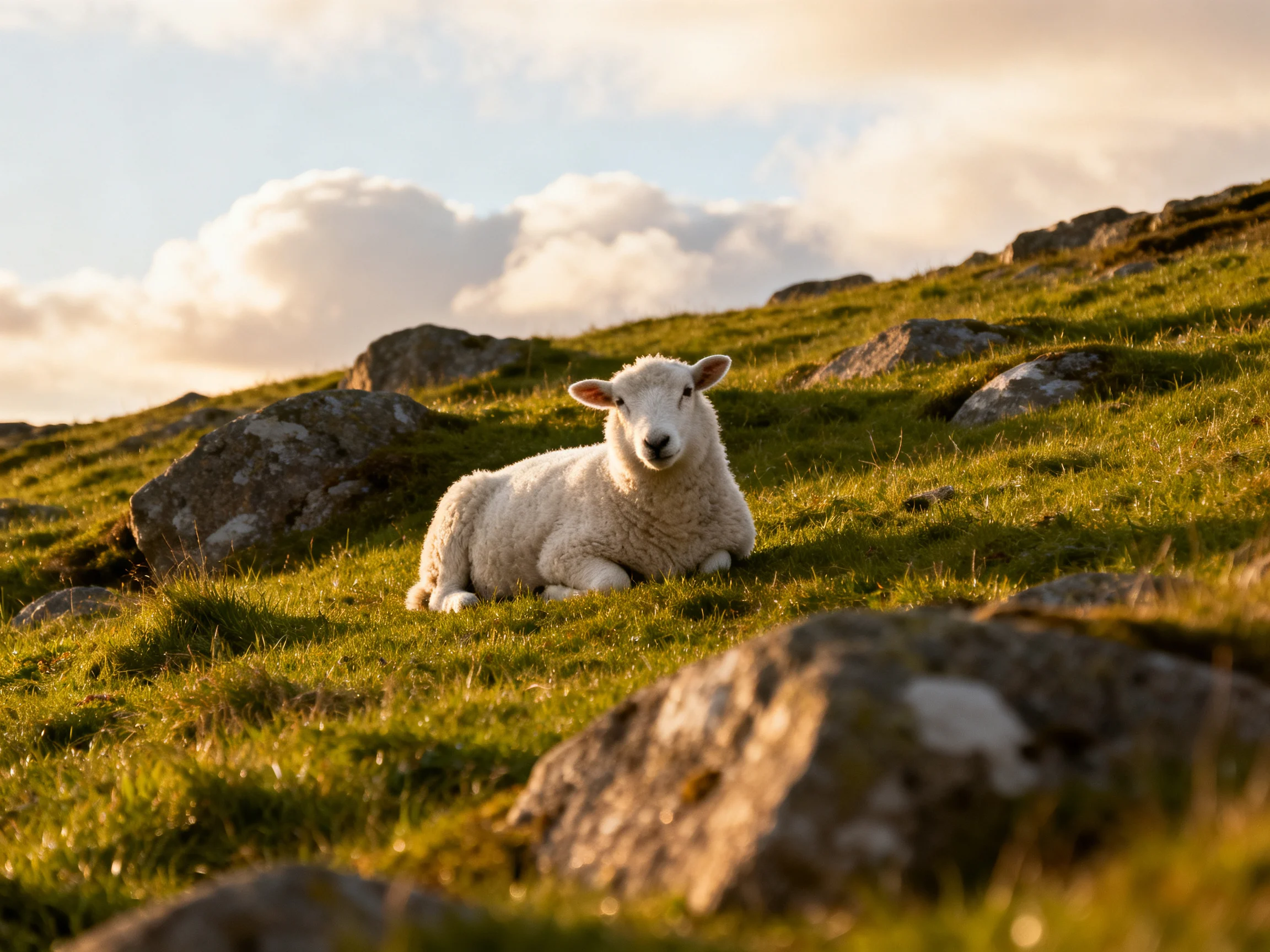 A white lamb relaxes on a rocky hillside with green grass under sunny skies.