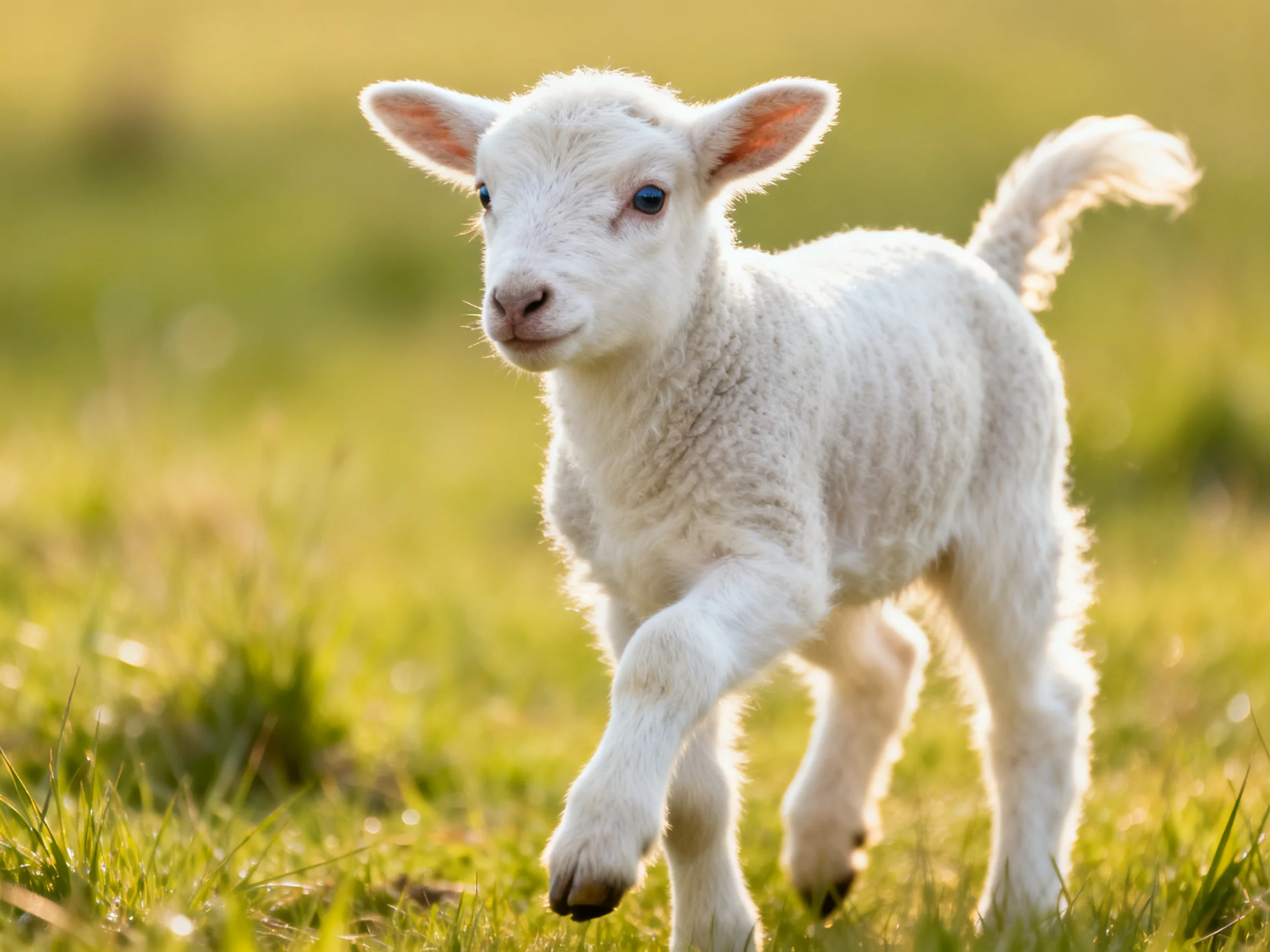 A fluffy white lamb running in a sunlit green meadow