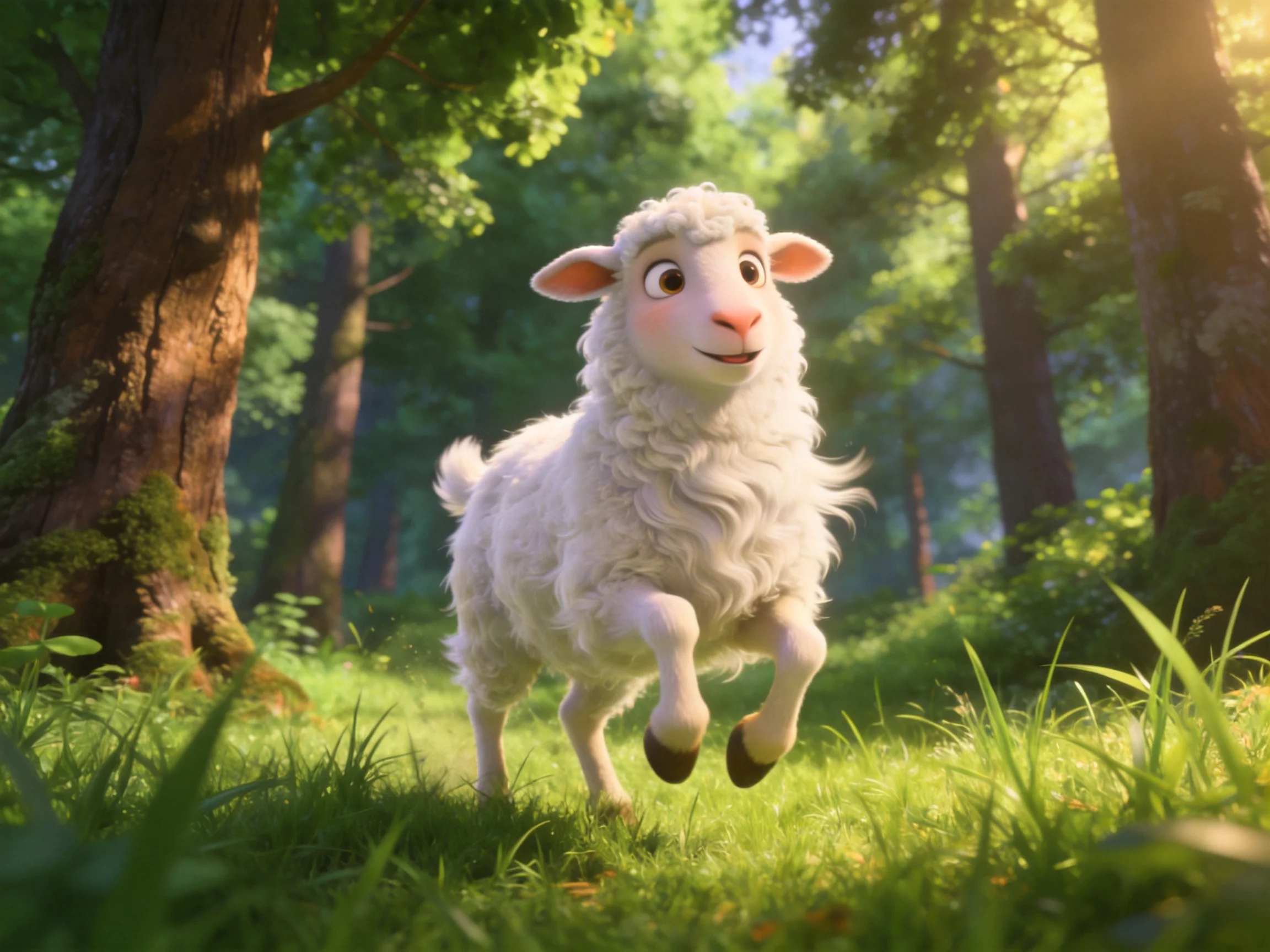 A fluffy white lamb running through a sunlit forest clearing