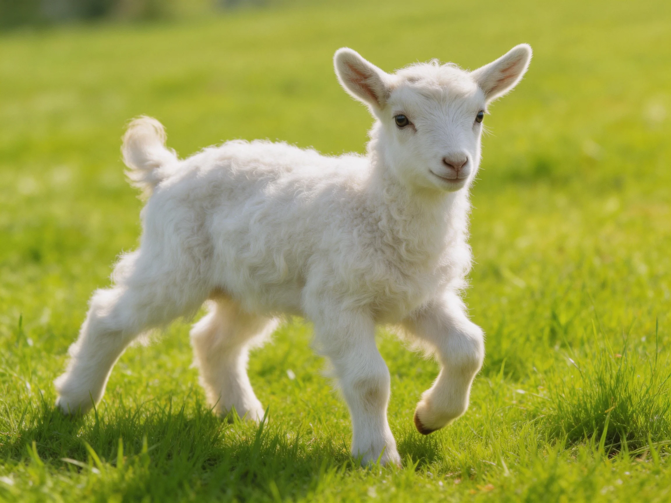 A fluffy white lamb running through lush green grass