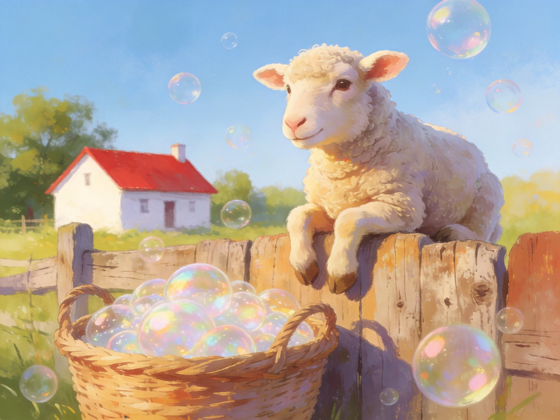 A fluffy white lamb sits atop a wooden fence near a bubble basket