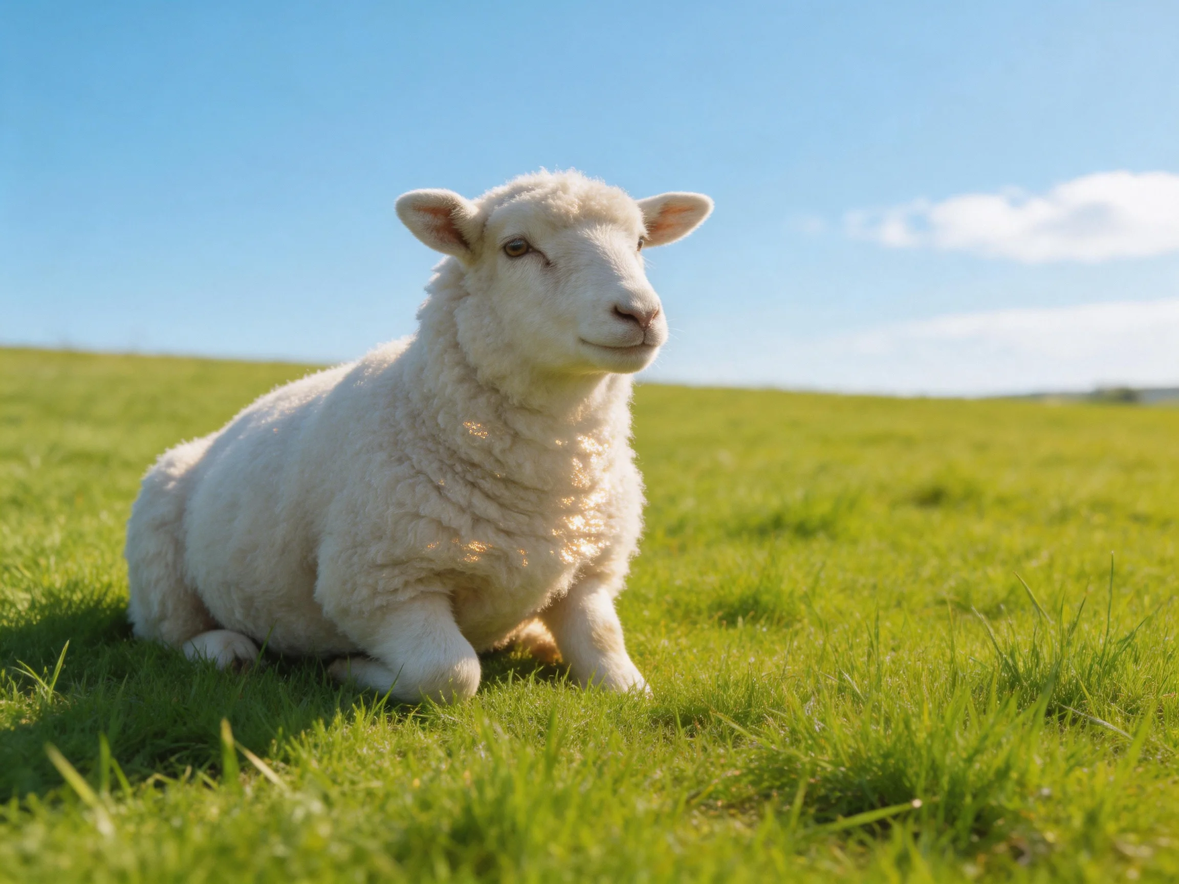 A fluffy white lamb sitting on lush green grass under bright blue sky