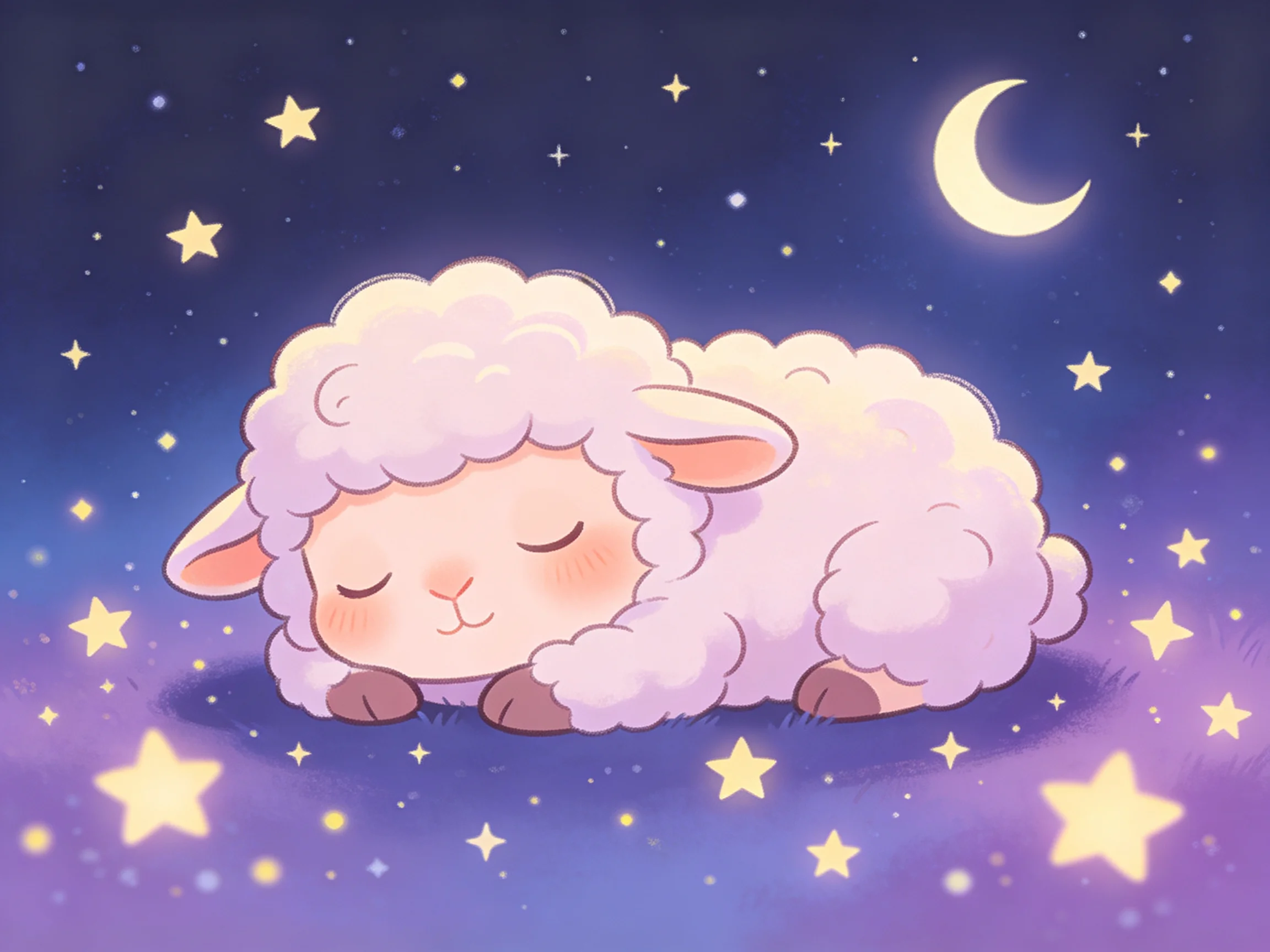 A fluffy white lamb sleeps among glowing stars and a crescent moon