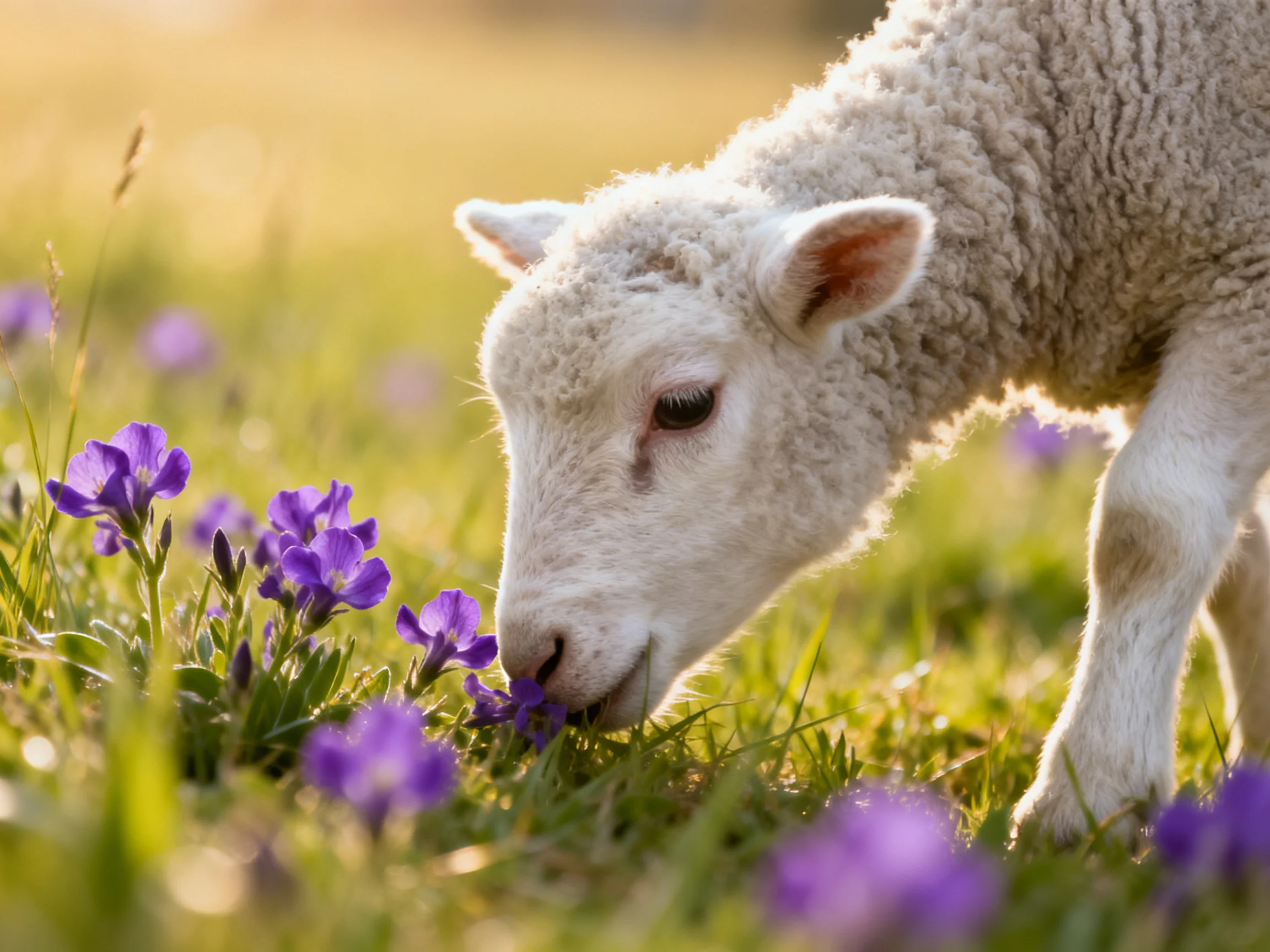 A fluffy white lamb sniffs vibrant purple wildflowers in a sunlit meadow
