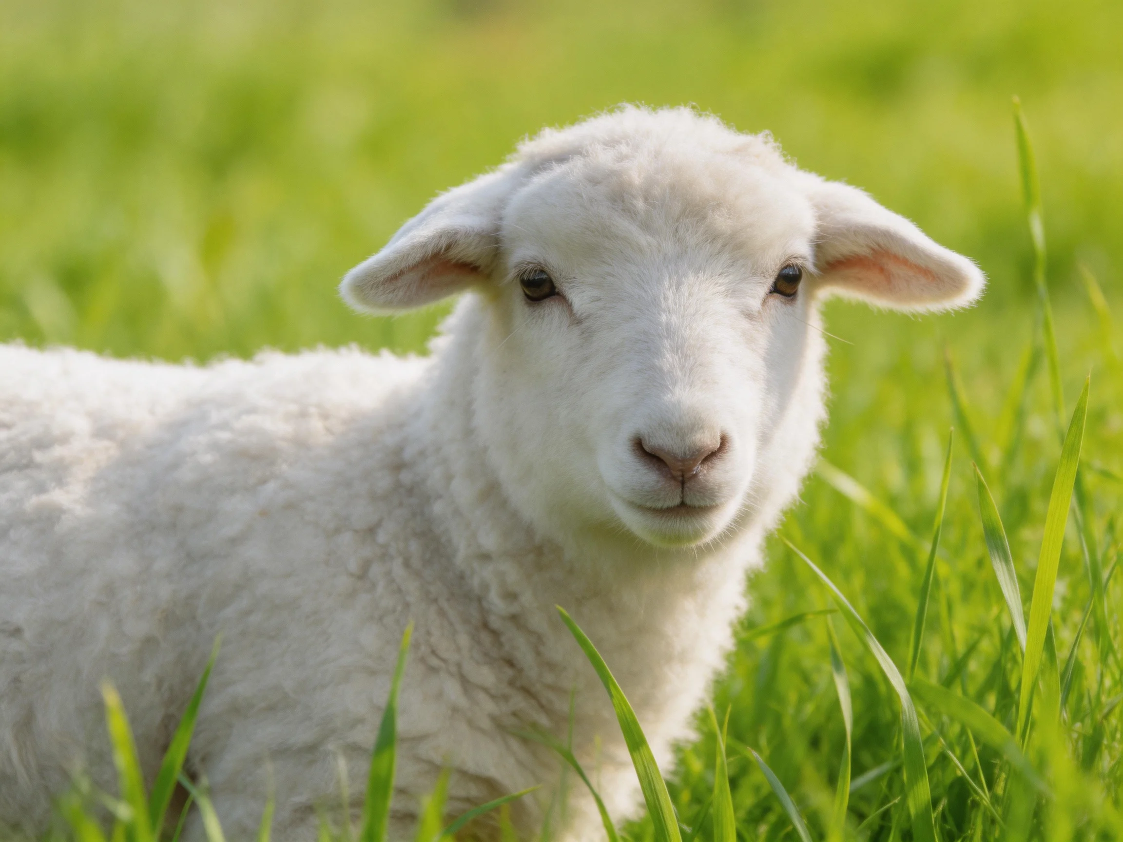 A fluffy white lamb standing amid lush green grass