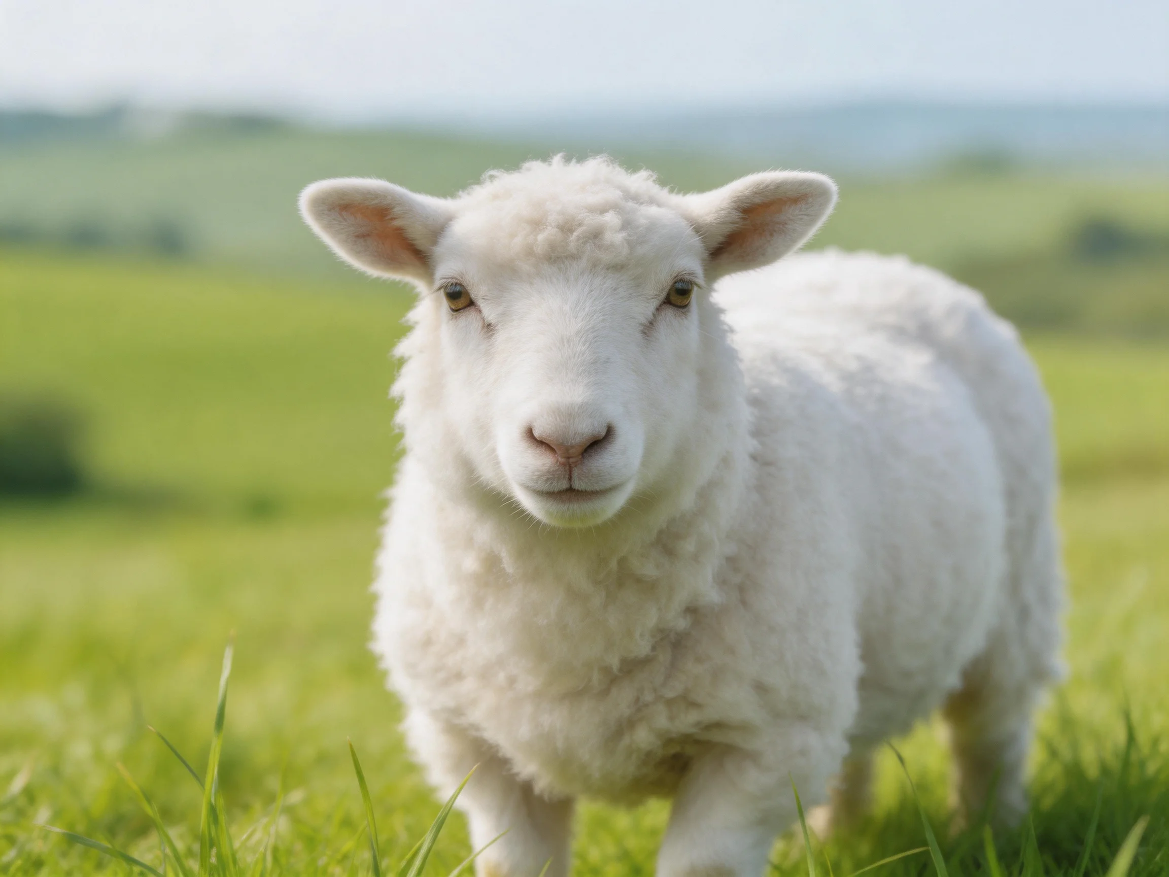A fluffy white lamb standing in a lush green meadow