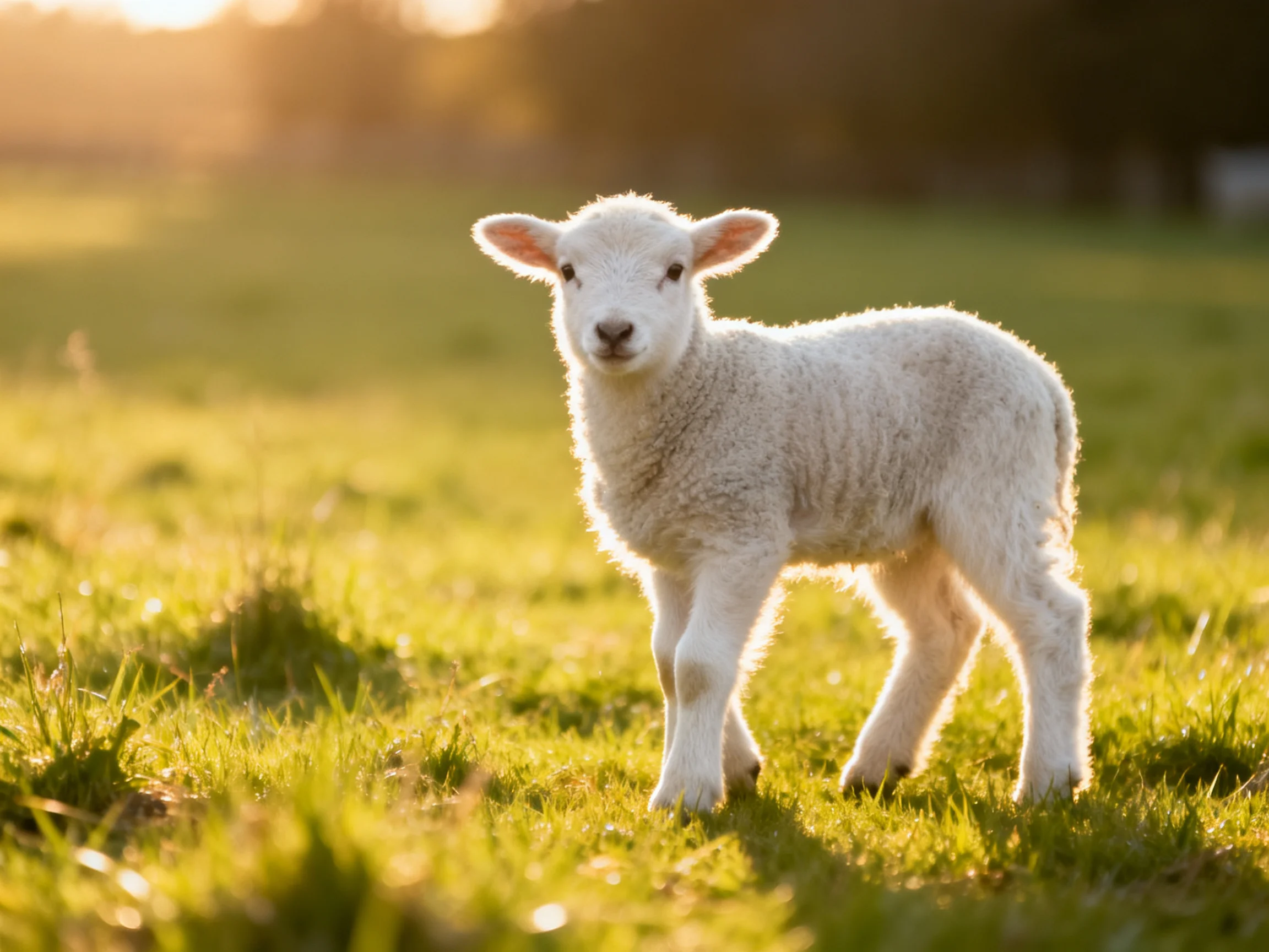 A fluffy white lamb standing in a sunlit green meadow